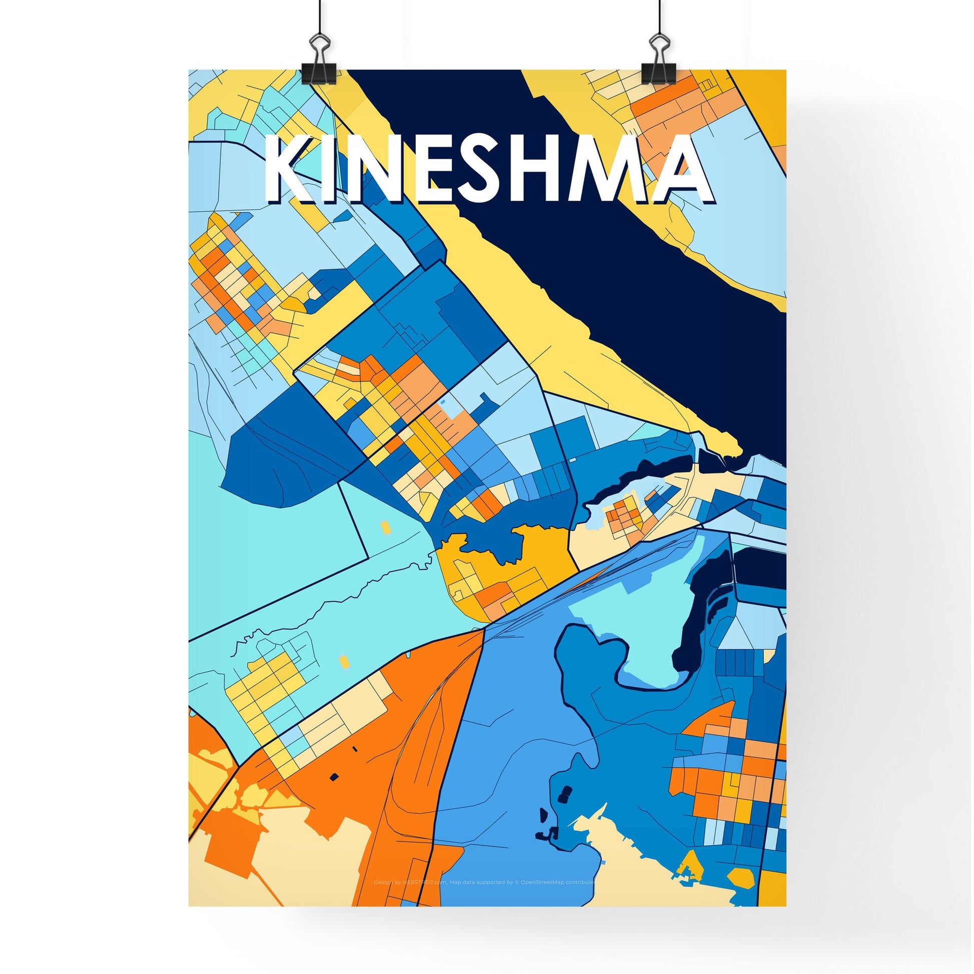 KINESHMA RUSSIA Vibrant Colorful Art Map Poster Blue Orange