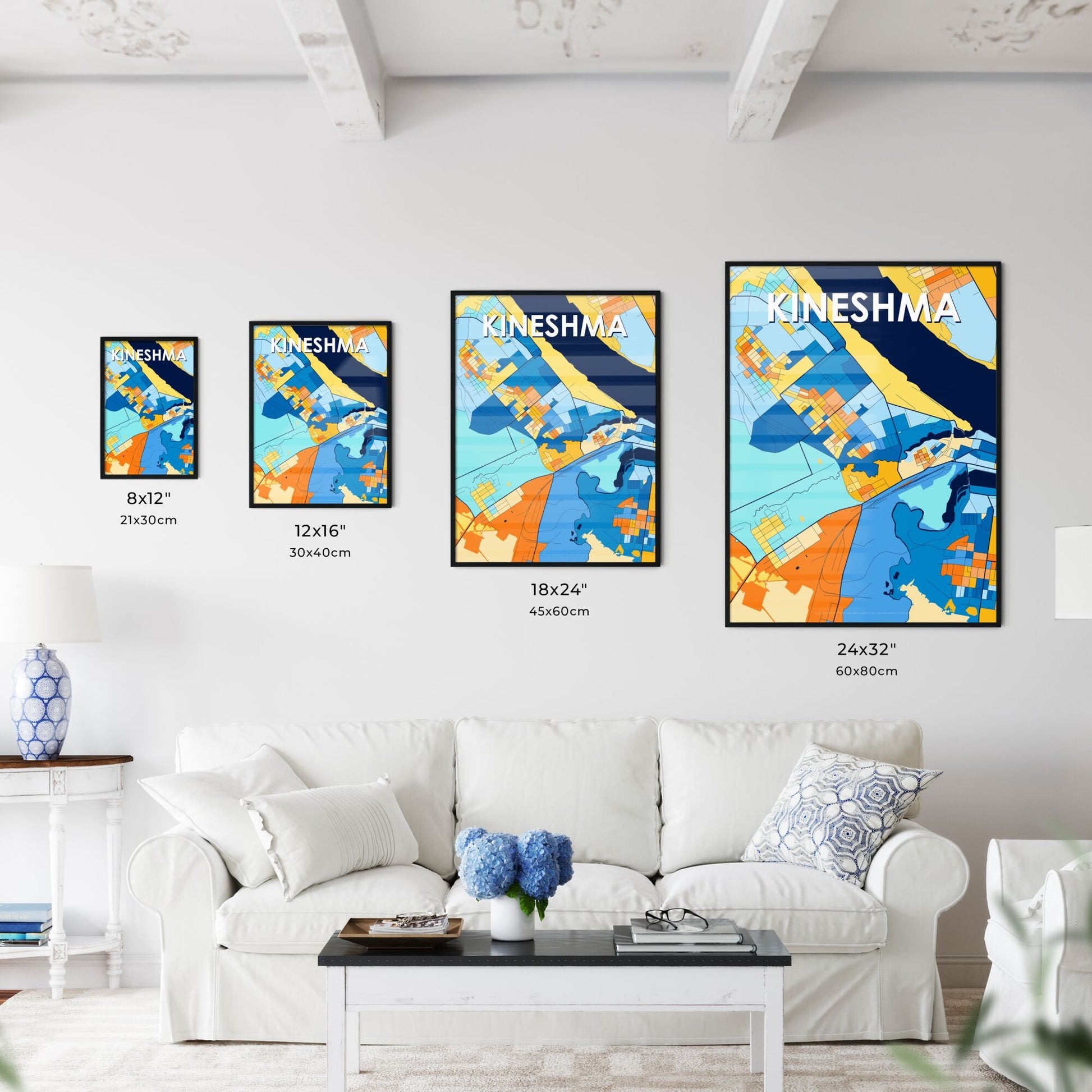 KINESHMA RUSSIA Vibrant Colorful Art Map Poster Blue Orange