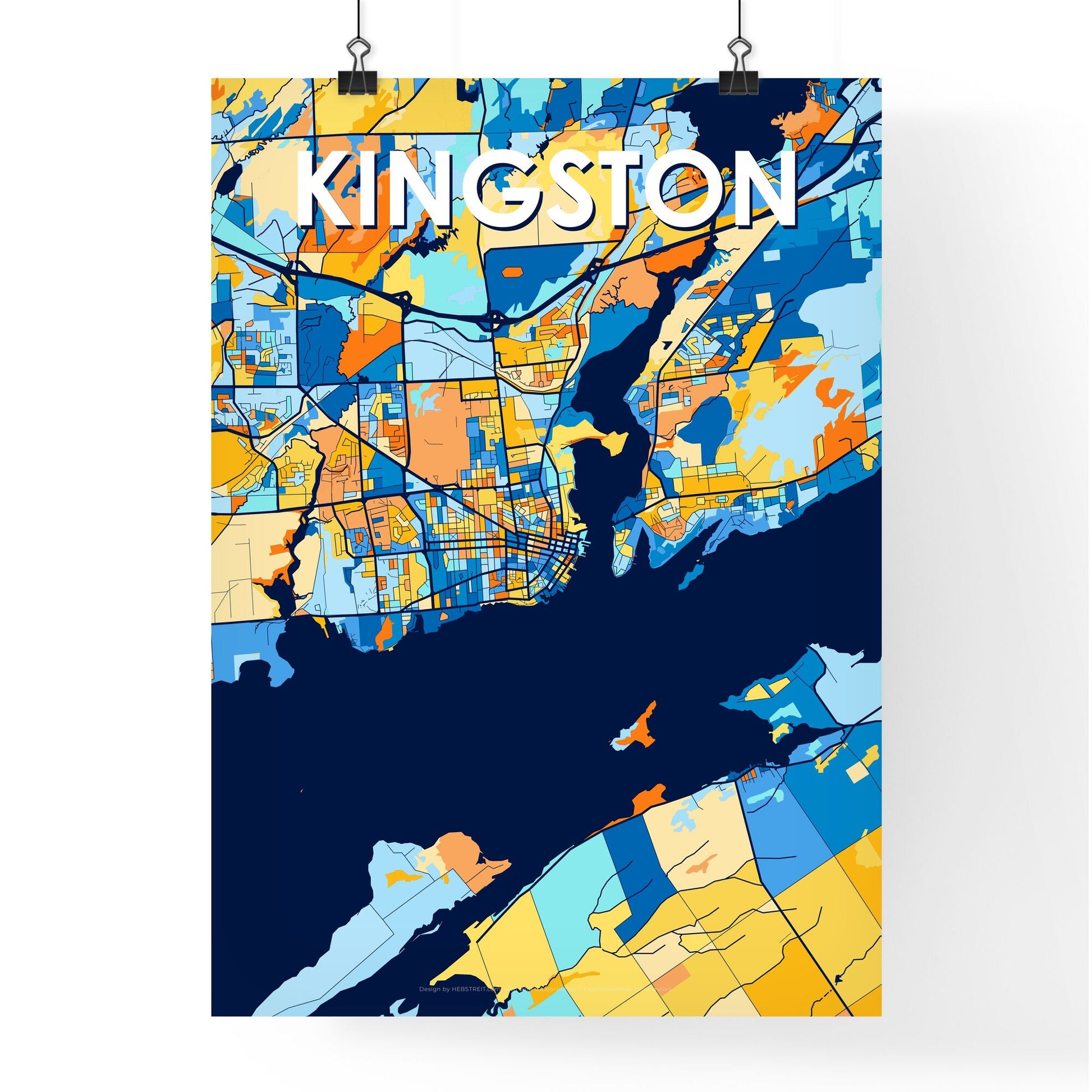 KINGSTON CANADA Vibrant Colorful Art Map Poster Blue Orange