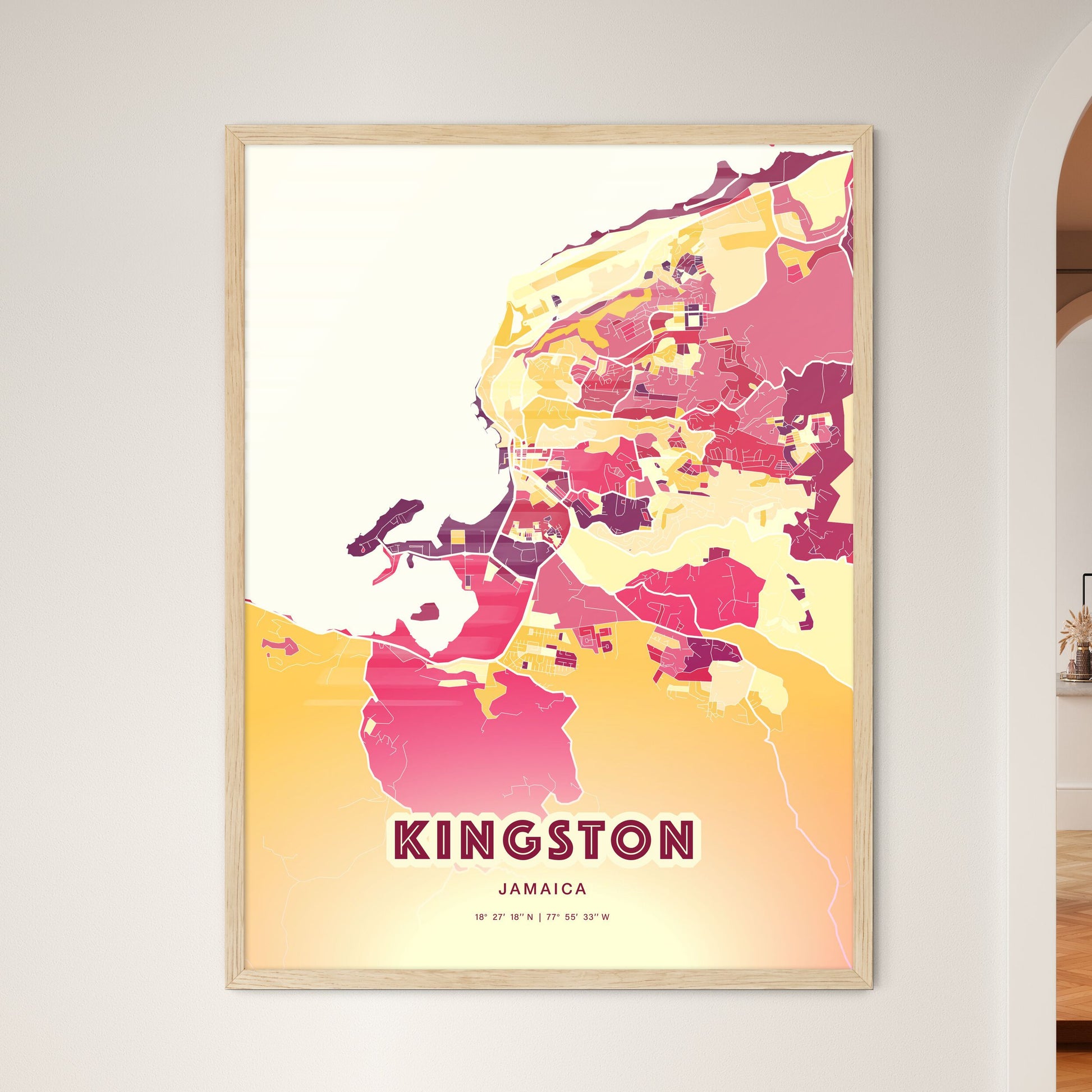 Colorful Kingston Jamaica Fine Art Map Hot Red