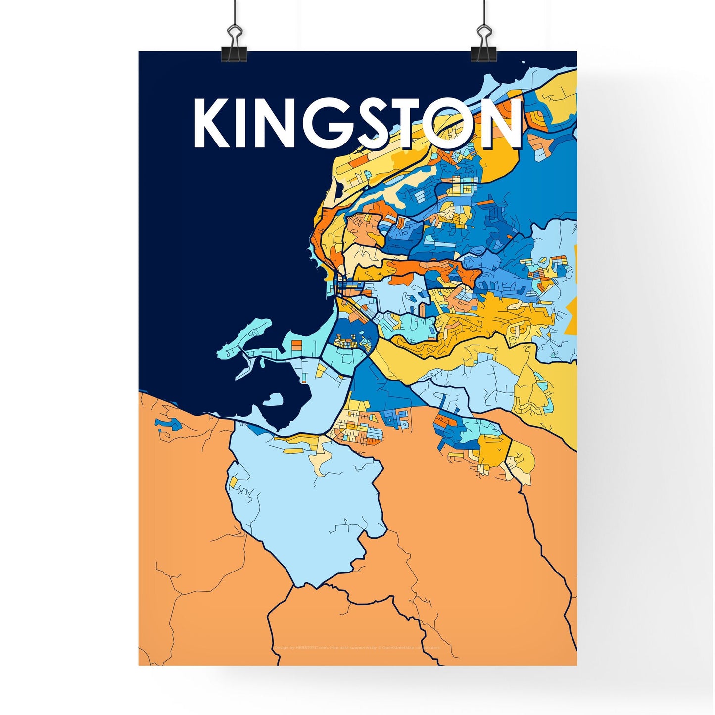 KINGSTON JAMAICA Vibrant Colorful Art Map Poster Blue Orange