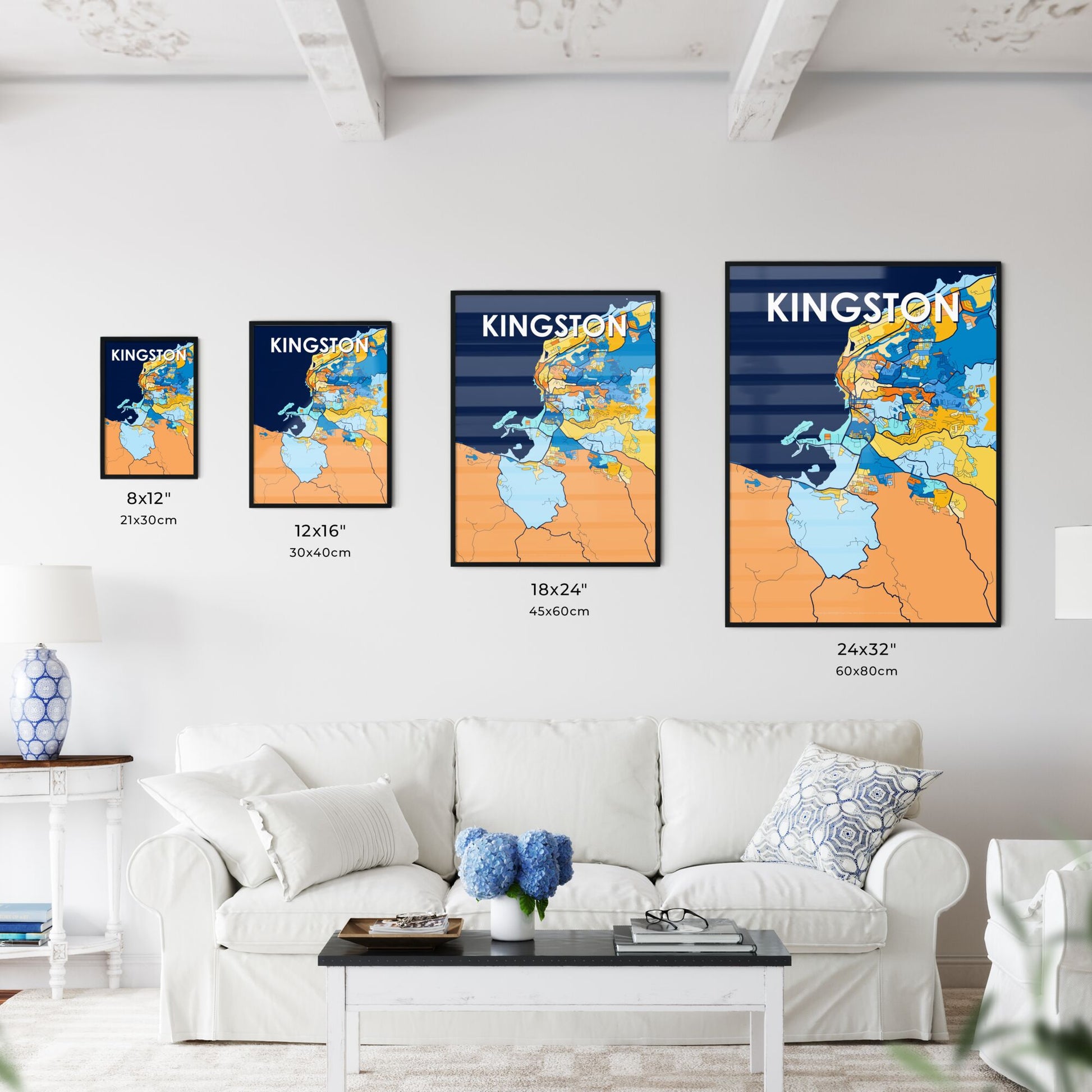 KINGSTON JAMAICA Vibrant Colorful Art Map Poster Blue Orange