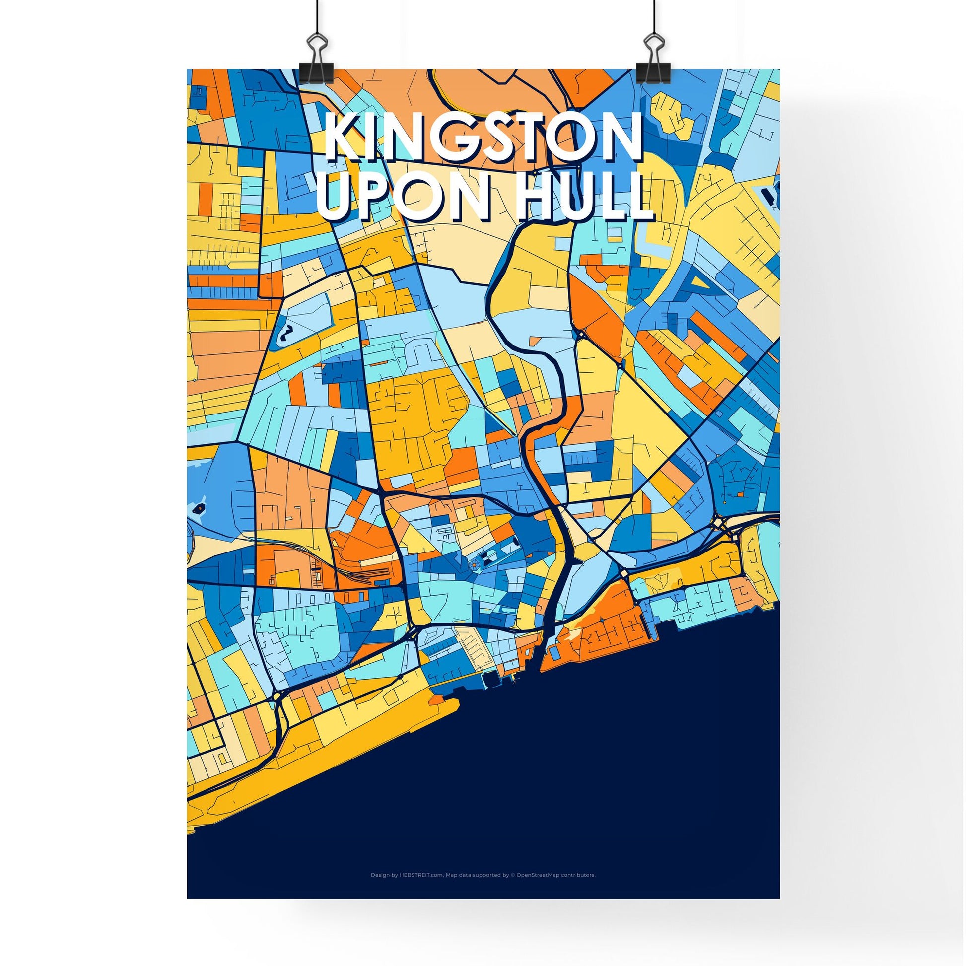 KINGSTON UPON HULL ENGLAND Vibrant Colorful Art Map Poster Blue Orange