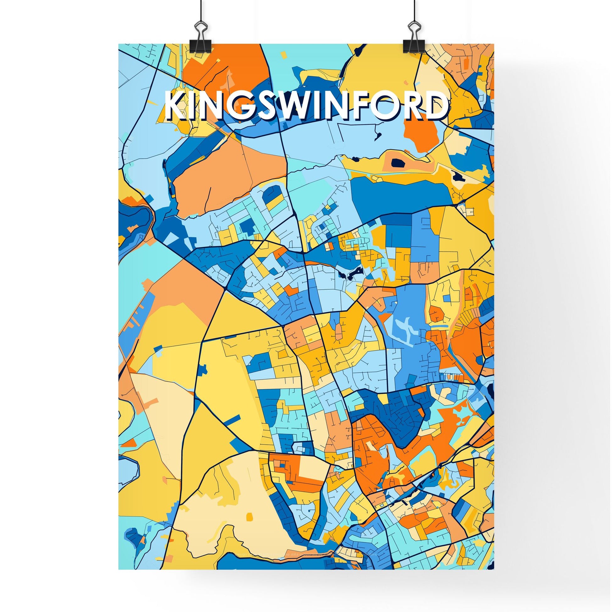 KINGSWINFORD ENGLAND Vibrant Colorful Art Map Poster Blue Orange