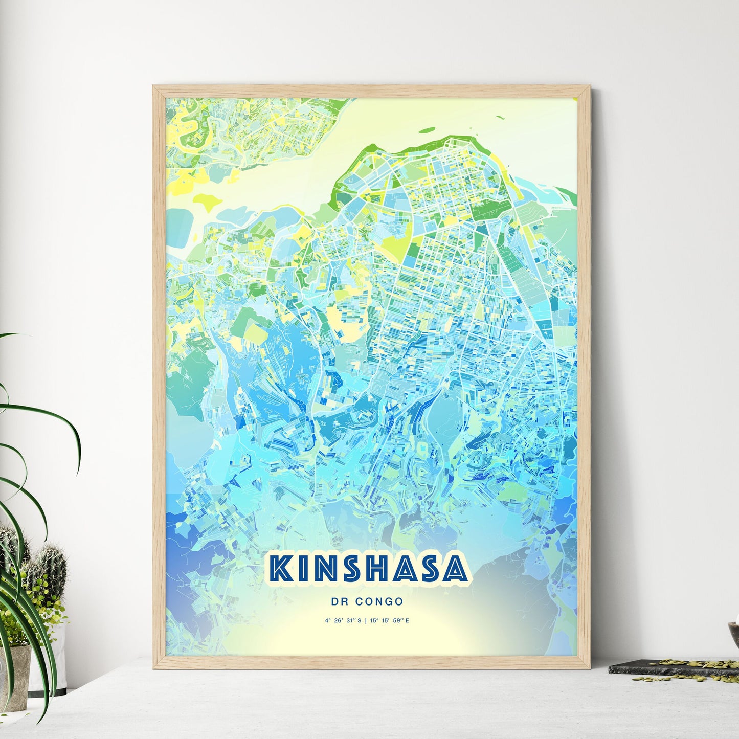 Colorful Kinshasa Dr Congo Fine Art Map Cool Blue