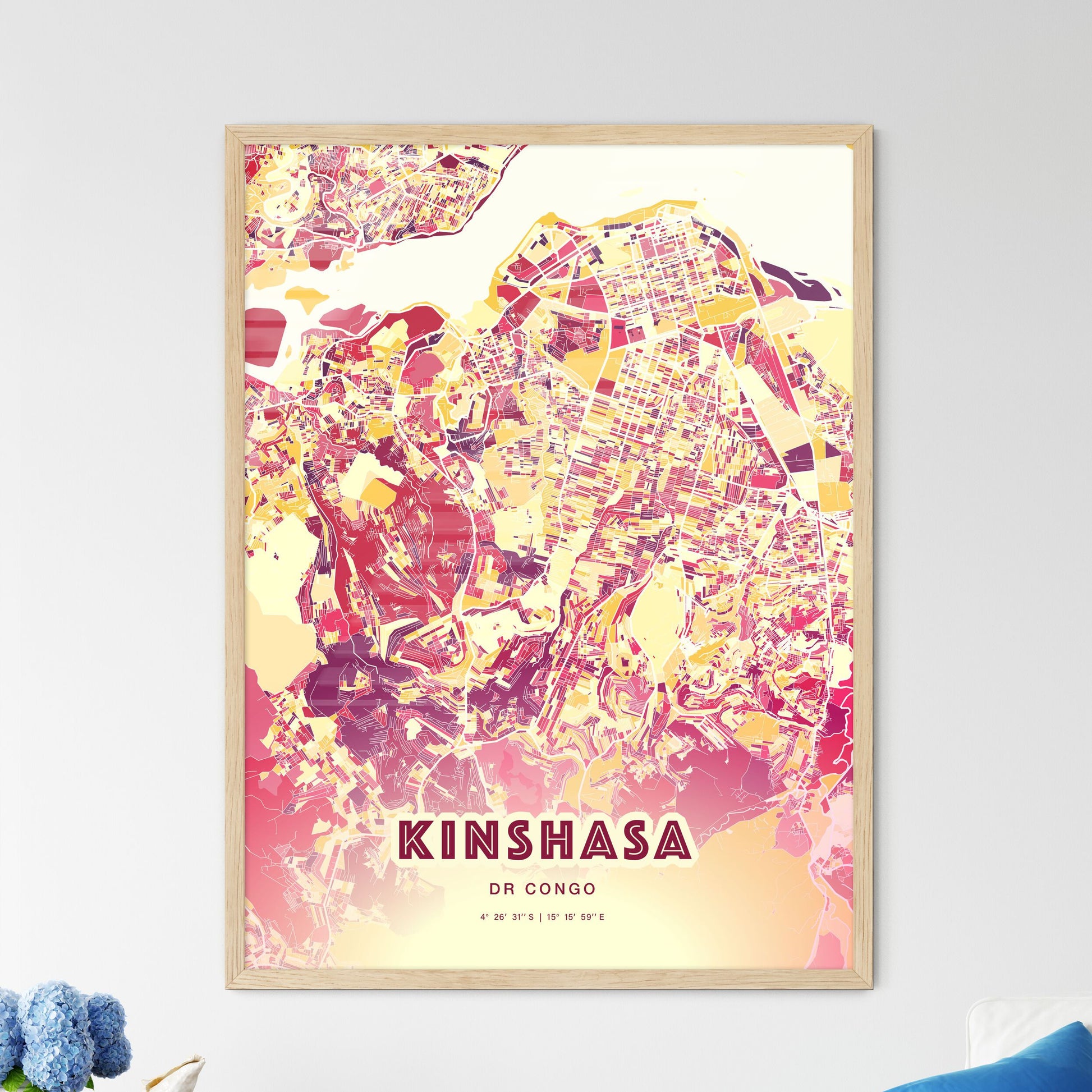 Colorful Kinshasa Dr Congo Fine Art Map Hot Red