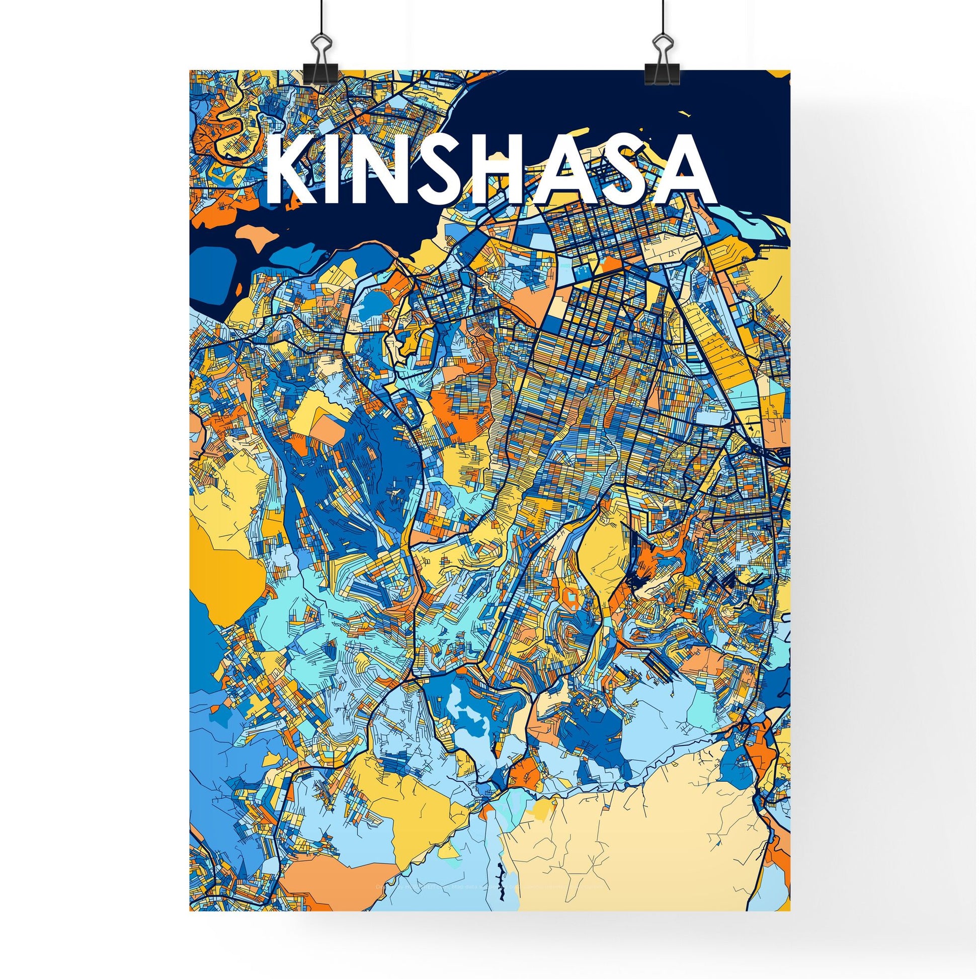 KINSHASA DR CONGO Vibrant Colorful Art Map Poster Blue Orange