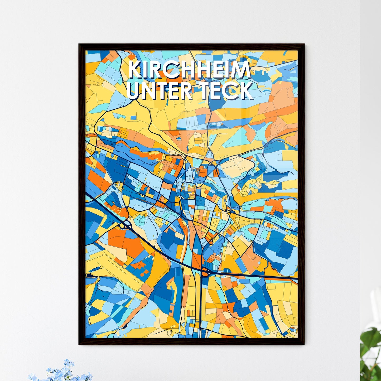 KIRCHHEIM UNTER TECK GERMANY Vibrant Colorful Art Map Poster Blue Orange