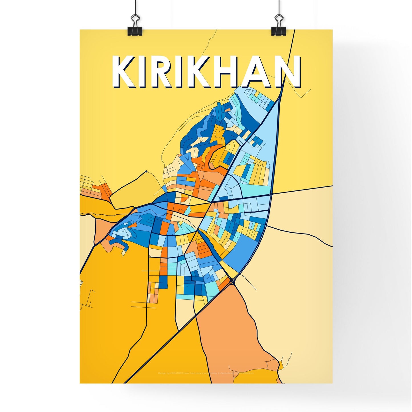 KIRIKHAN TURKEY Vibrant Colorful Art Map Poster Blue Orange