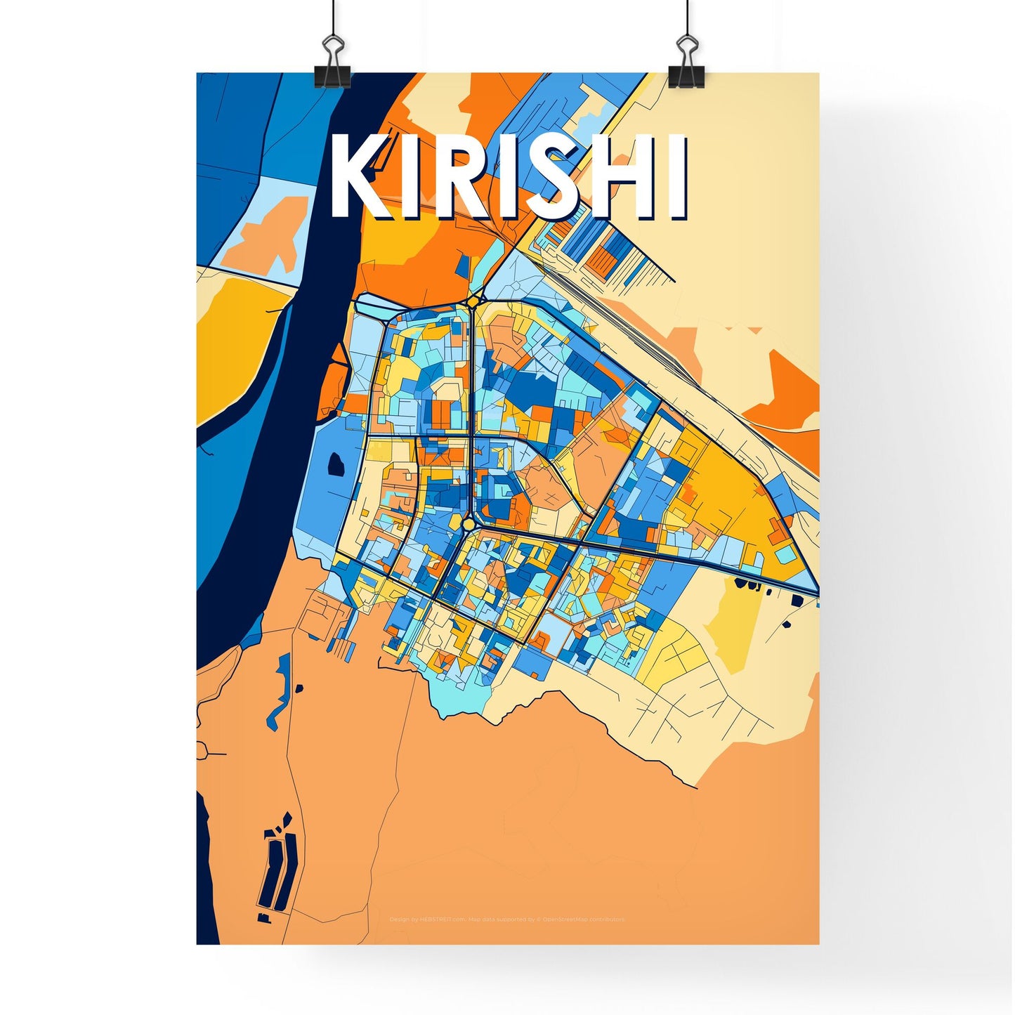 KIRISHI RUSSIA Vibrant Colorful Art Map Poster Blue Orange