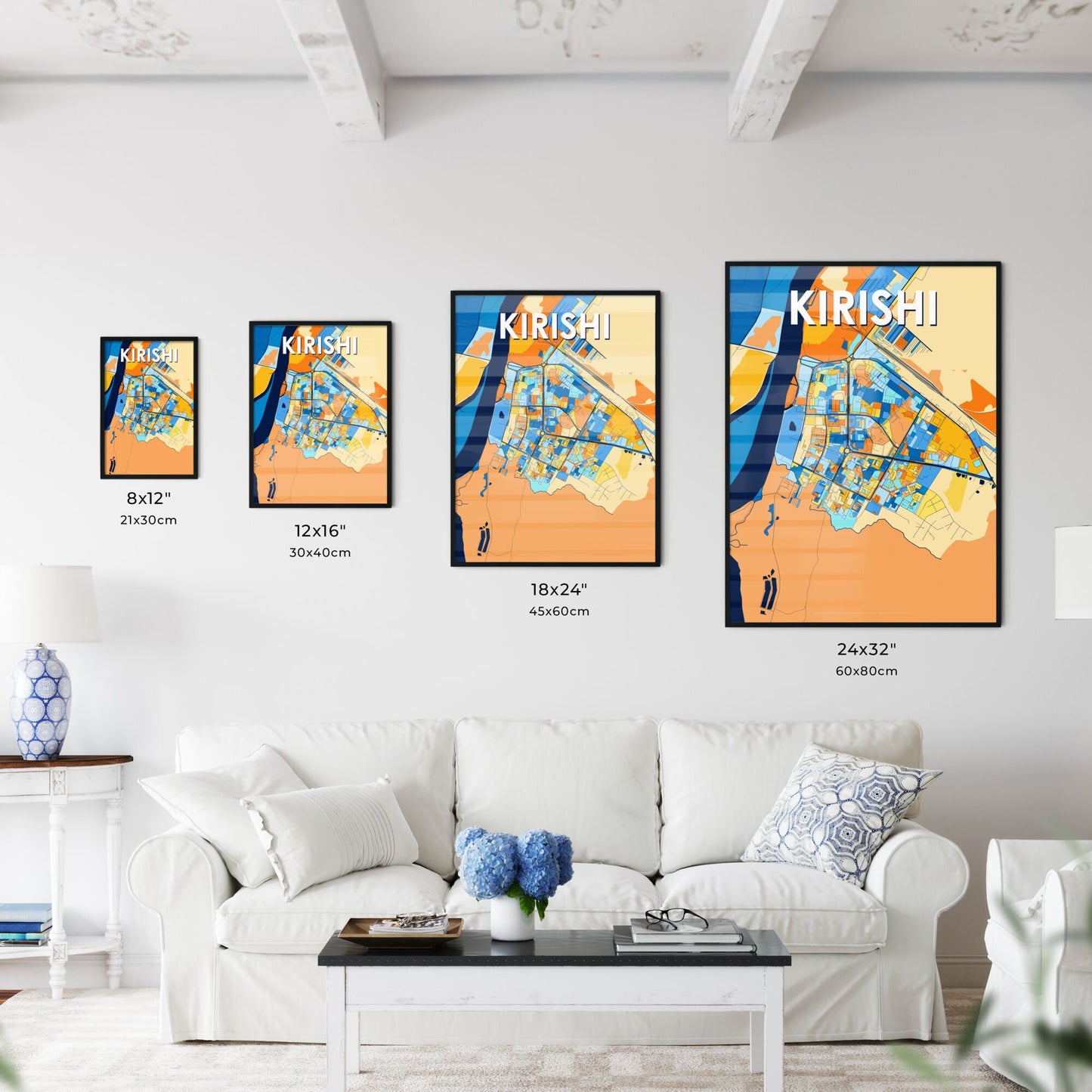 KIRISHI RUSSIA Vibrant Colorful Art Map Poster Blue Orange