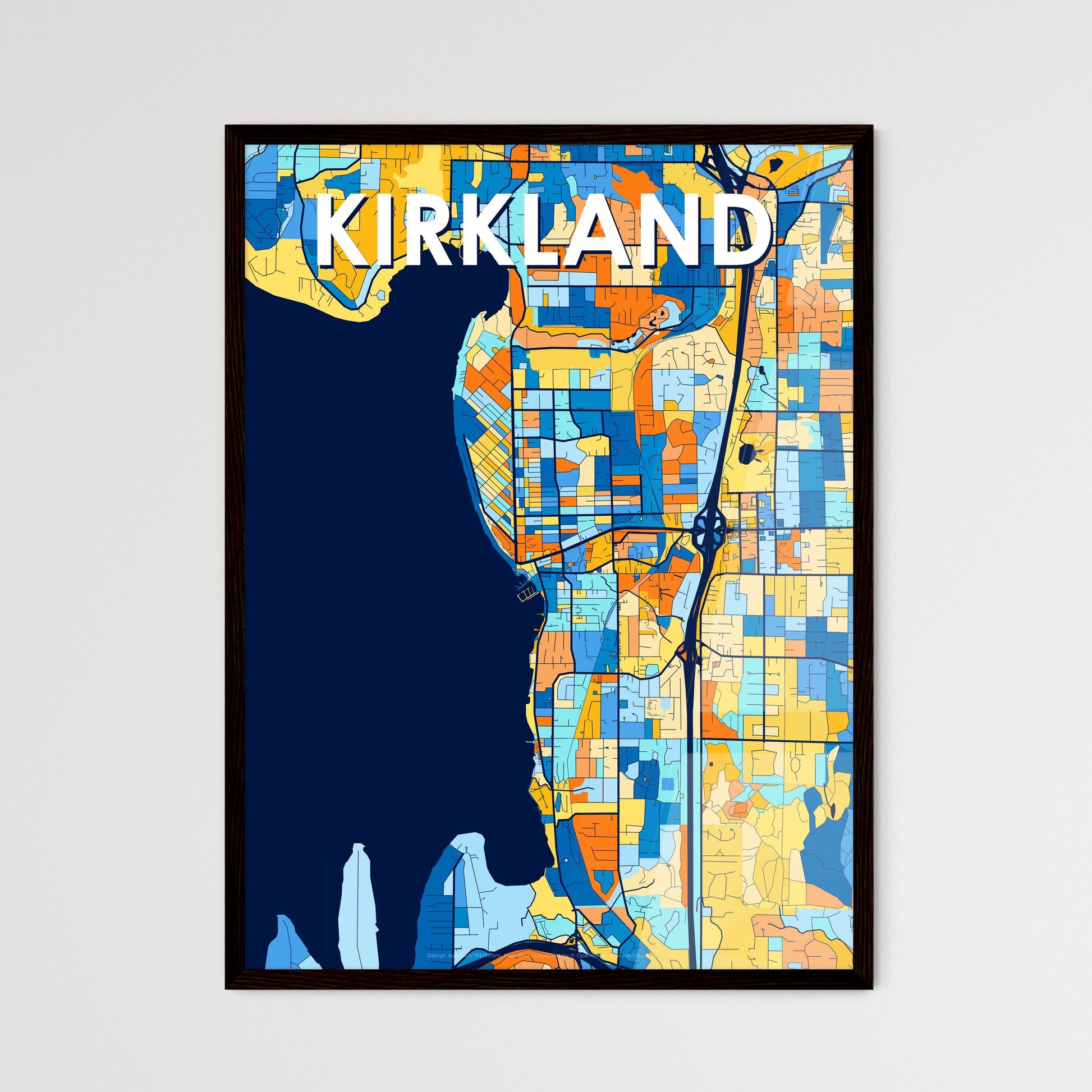 KIRKLAND WASHINGTON Vibrant Colorful Art Map Poster Blue Orange