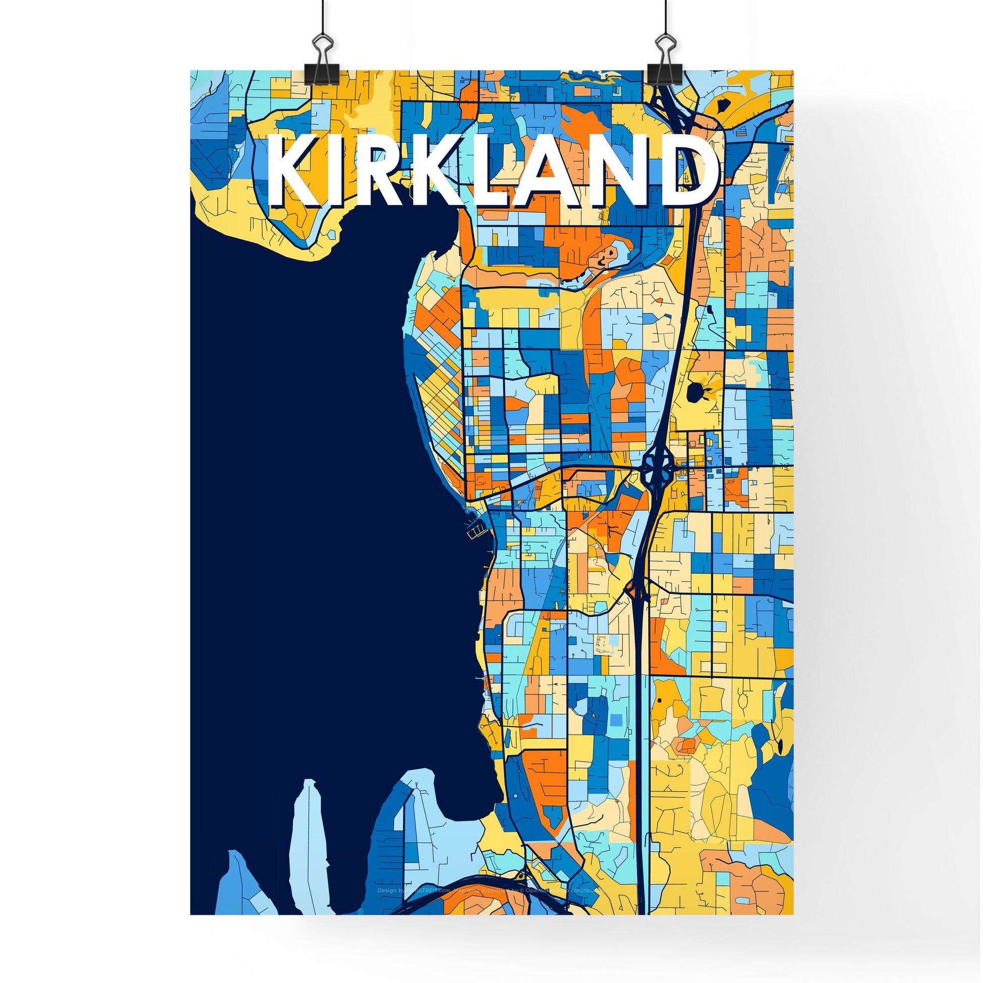 KIRKLAND WASHINGTON Vibrant Colorful Art Map Poster Blue Orange