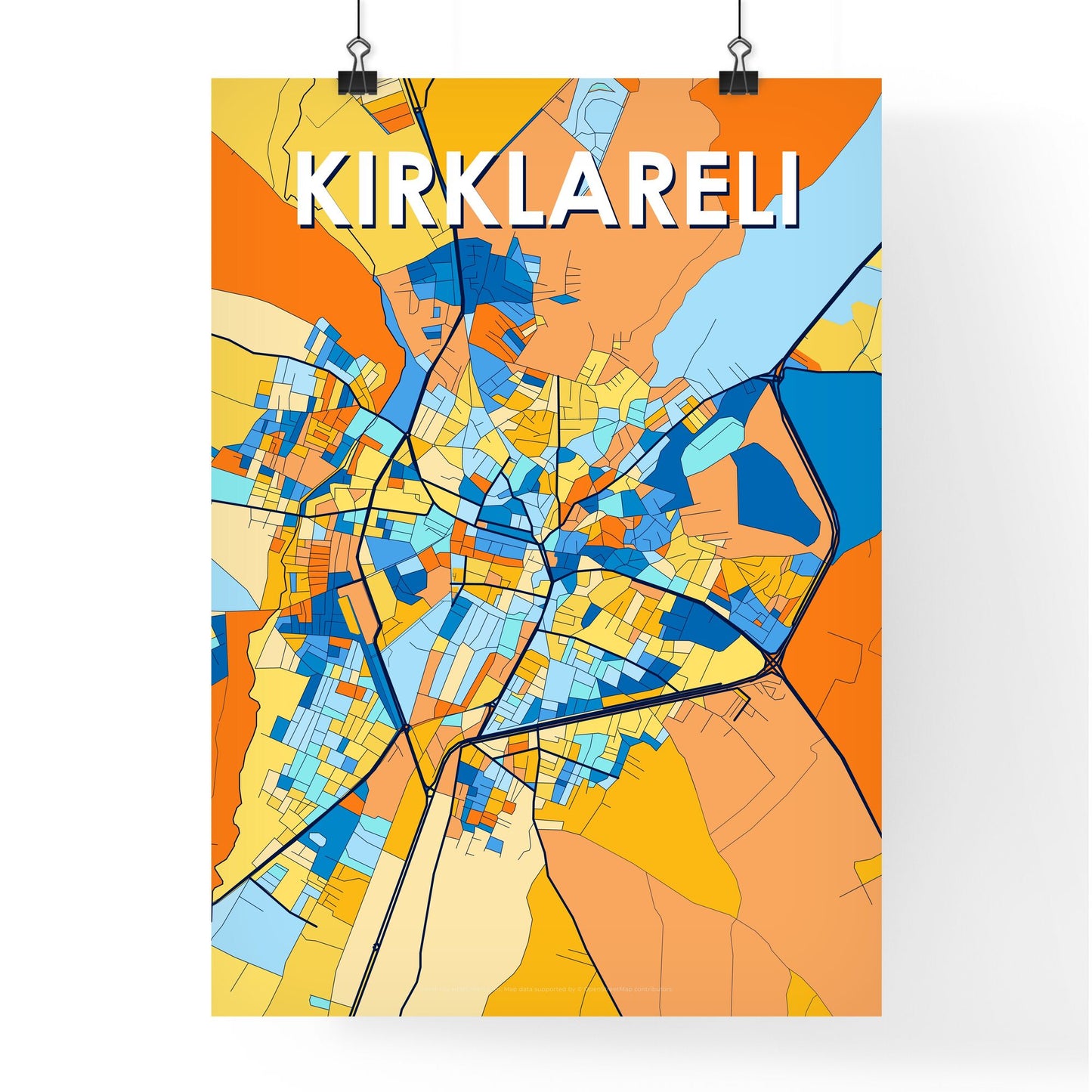 KIRKLARELI TURKEY Vibrant Colorful Art Map Poster Blue Orange