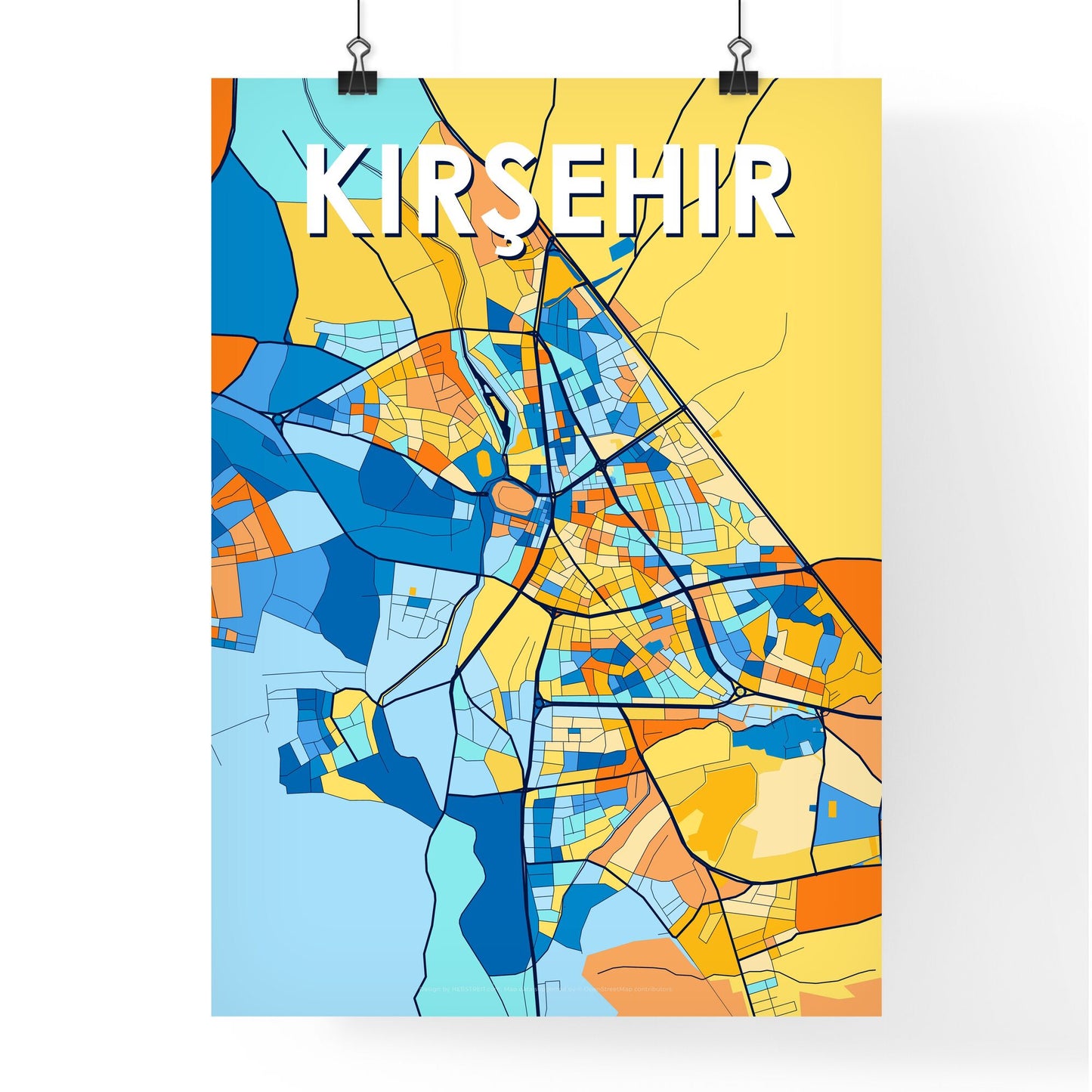 KIRŞEHIR TURKEY Vibrant Colorful Art Map Poster Blue Orange