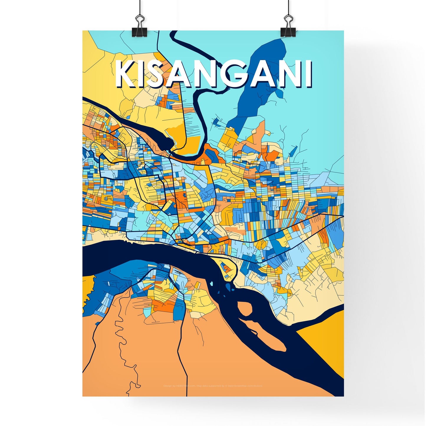 KISANGANI DR CONGO Vibrant Colorful Art Map Poster Blue Orange