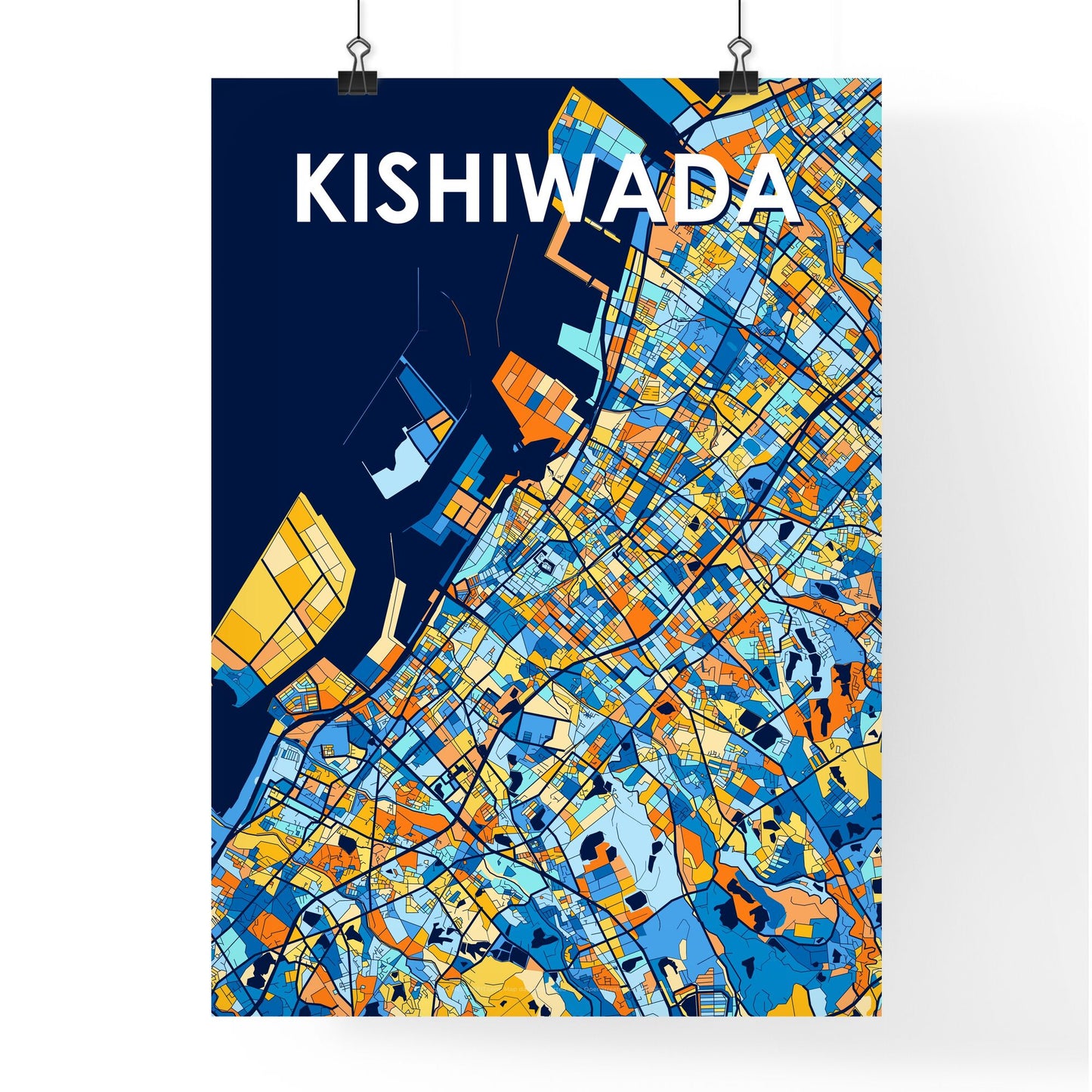 KISHIWADA JAPAN Vibrant Colorful Art Map Poster Blue Orange