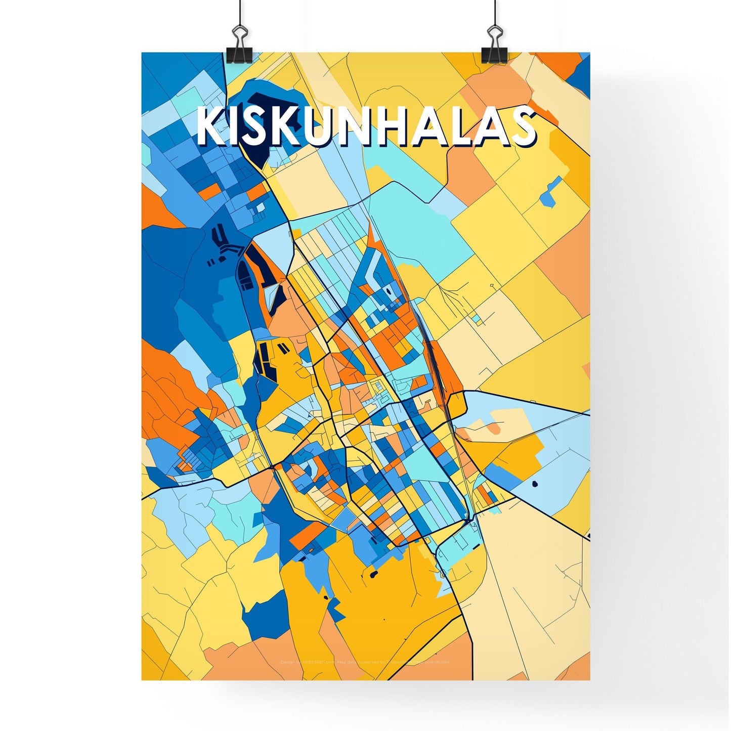 KISKUNHALAS HUNGARY Vibrant Colorful Art Map Poster Blue Orange