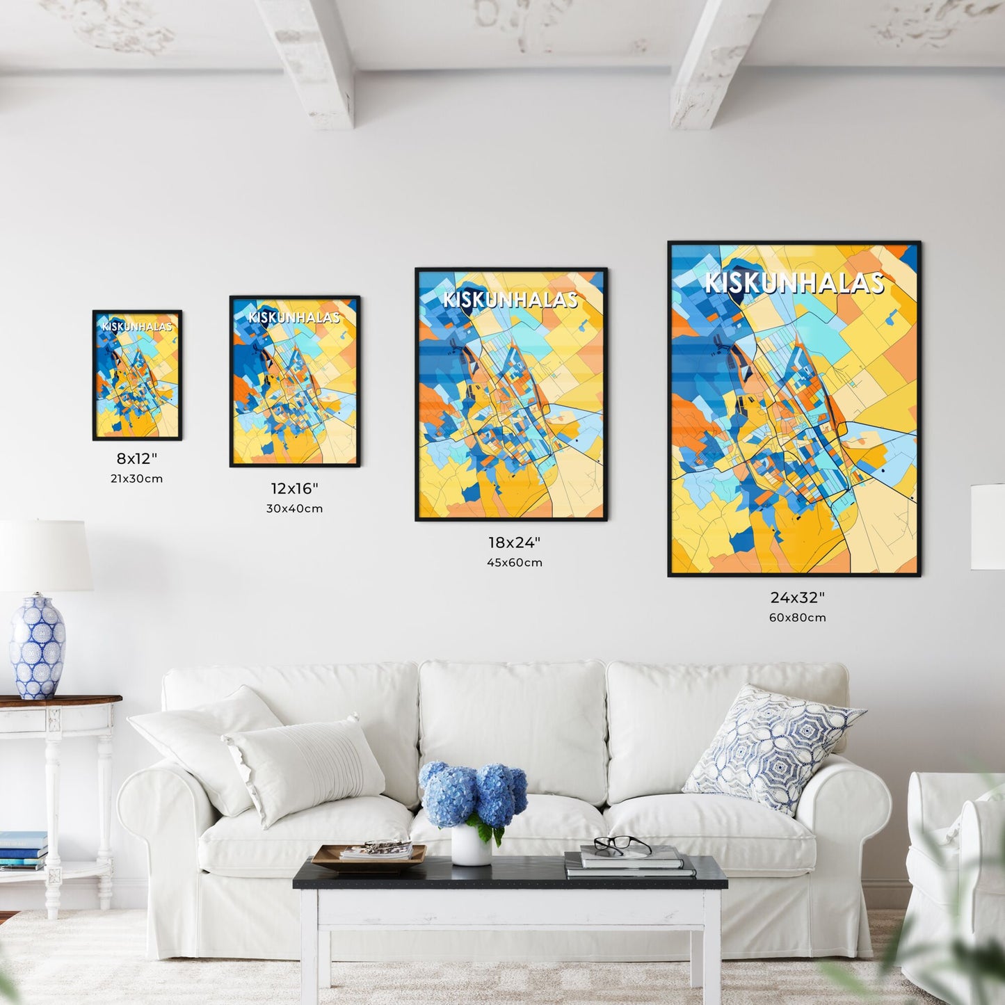 KISKUNHALAS HUNGARY Vibrant Colorful Art Map Poster Blue Orange