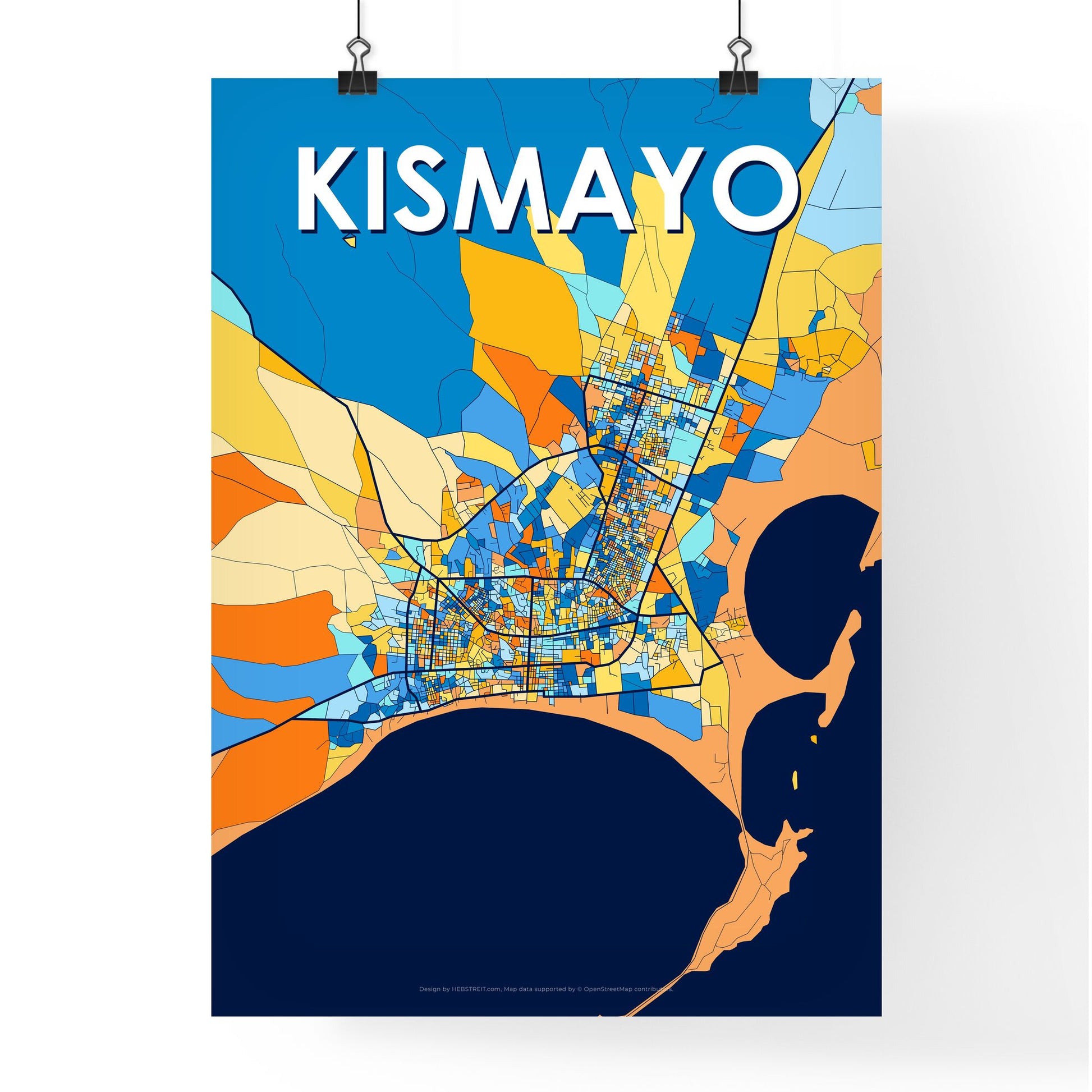 KISMAYO SOMALIA Vibrant Colorful Art Map Poster Blue Orange