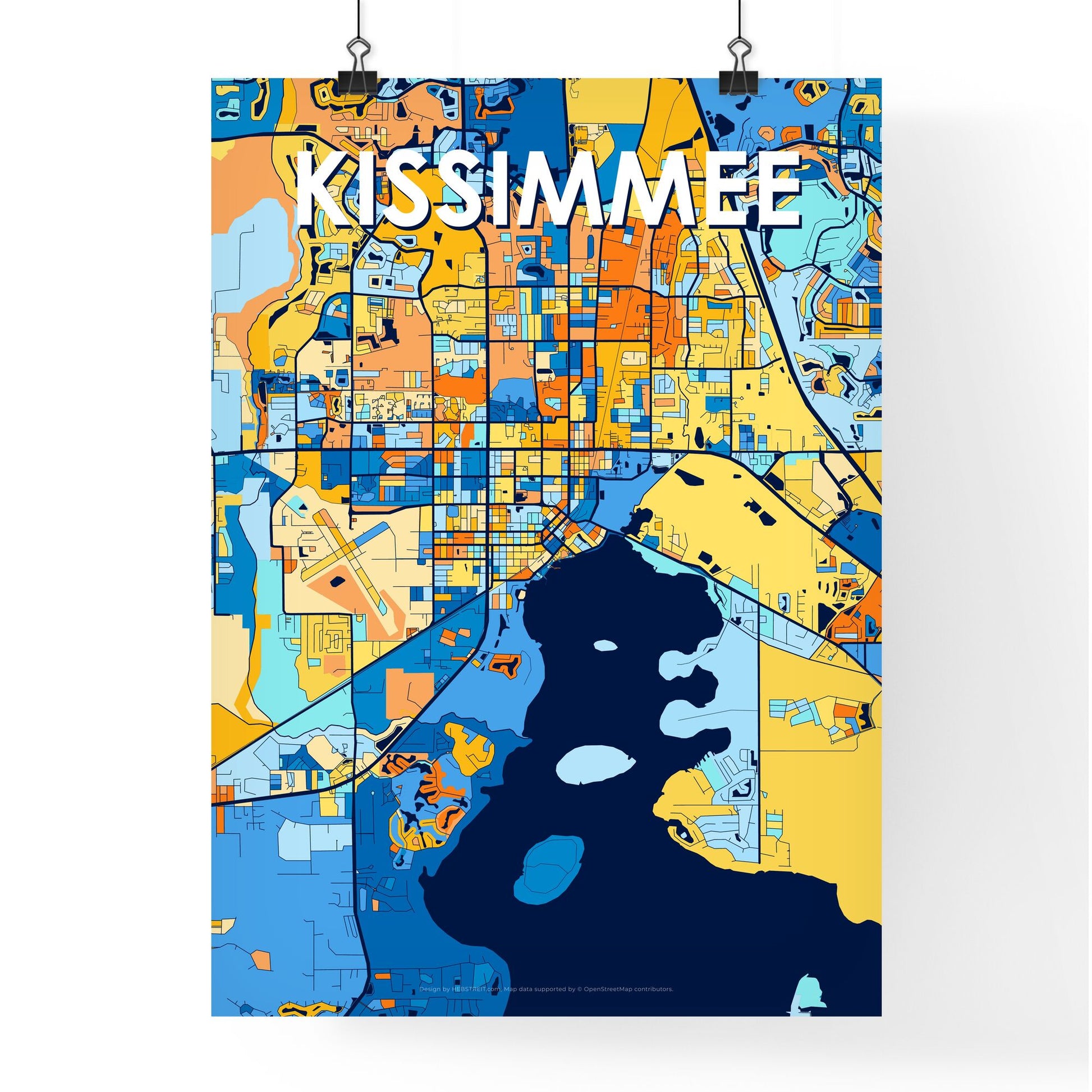 KISSIMMEE FLORIDA Vibrant Colorful Art Map Poster Blue Orange