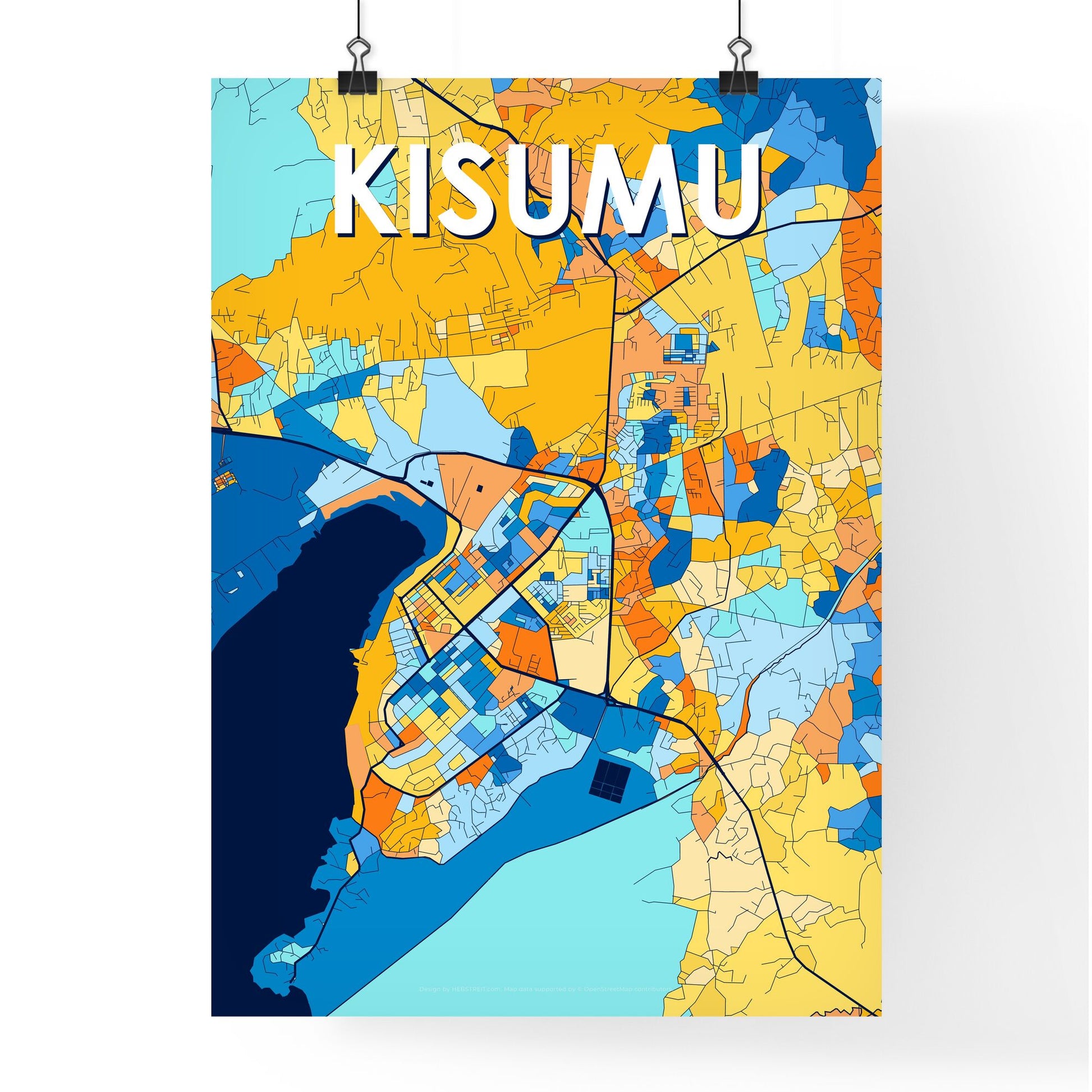 KISUMU KENYA Vibrant Colorful Art Map Poster Blue Orange