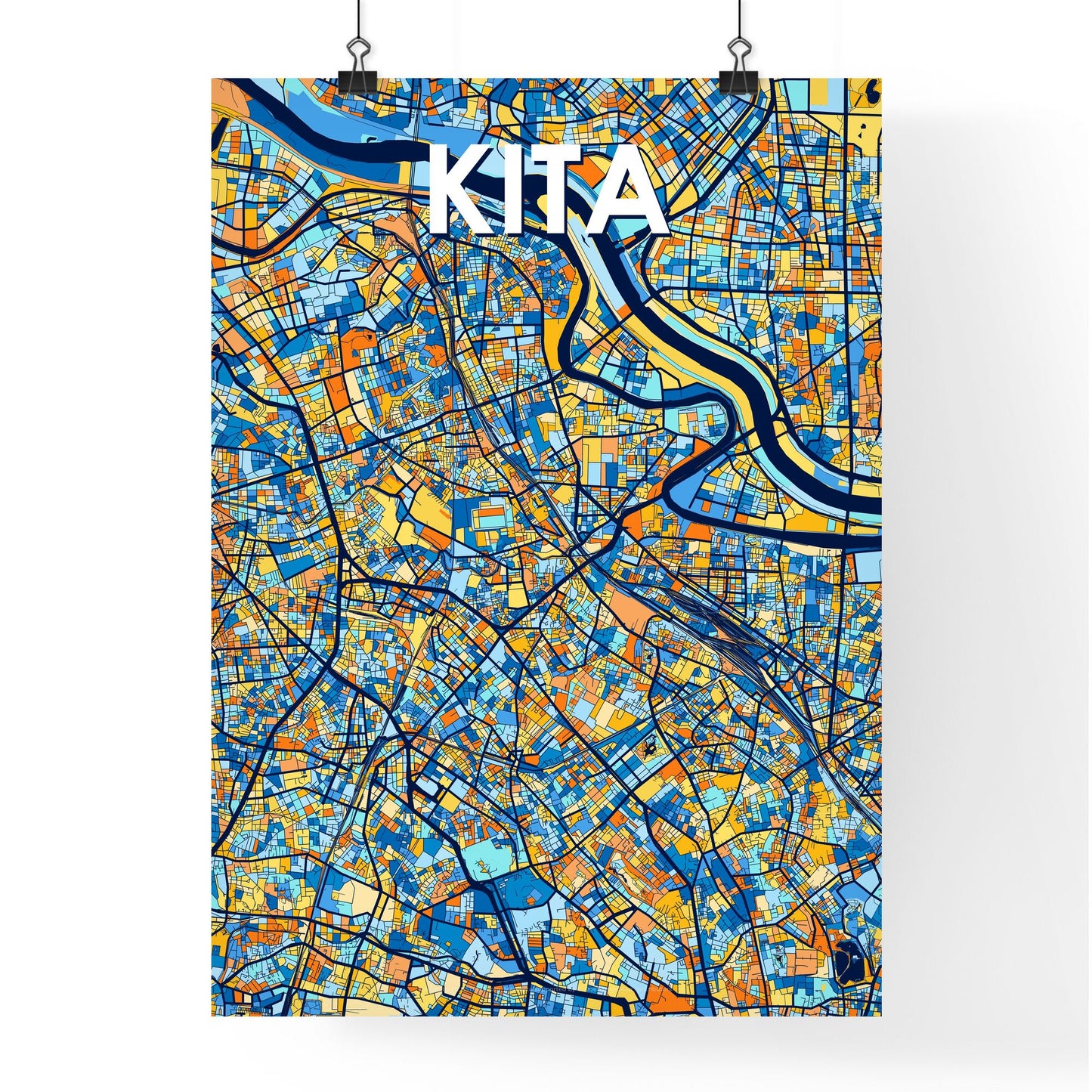 KITA JAPAN Vibrant Colorful Art Map Poster Blue Orange