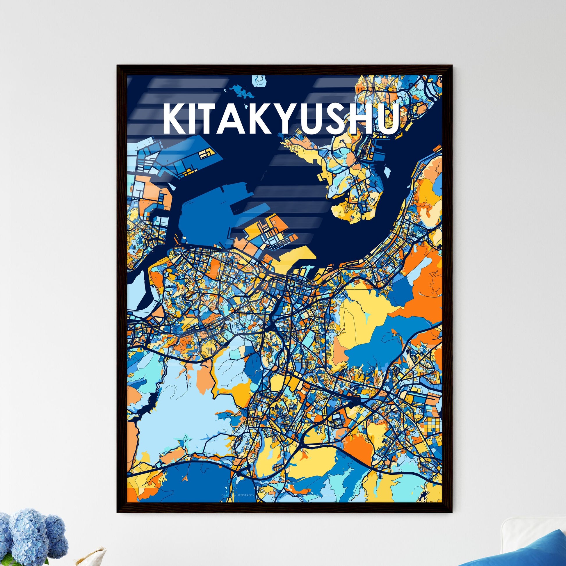 KITAKYUSHU JAPAN Vibrant Colorful Art Map Poster Blue Orange