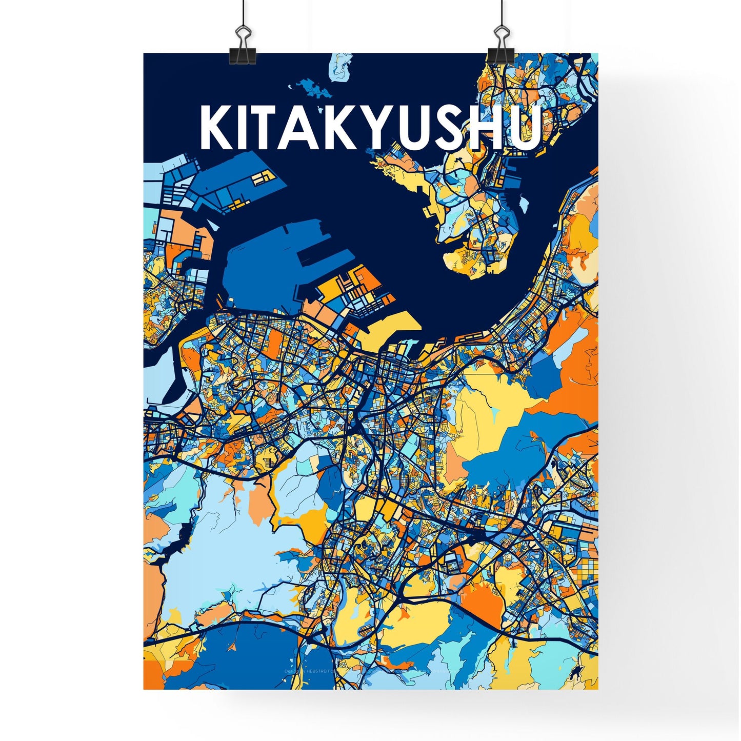 KITAKYUSHU JAPAN Vibrant Colorful Art Map Poster Blue Orange