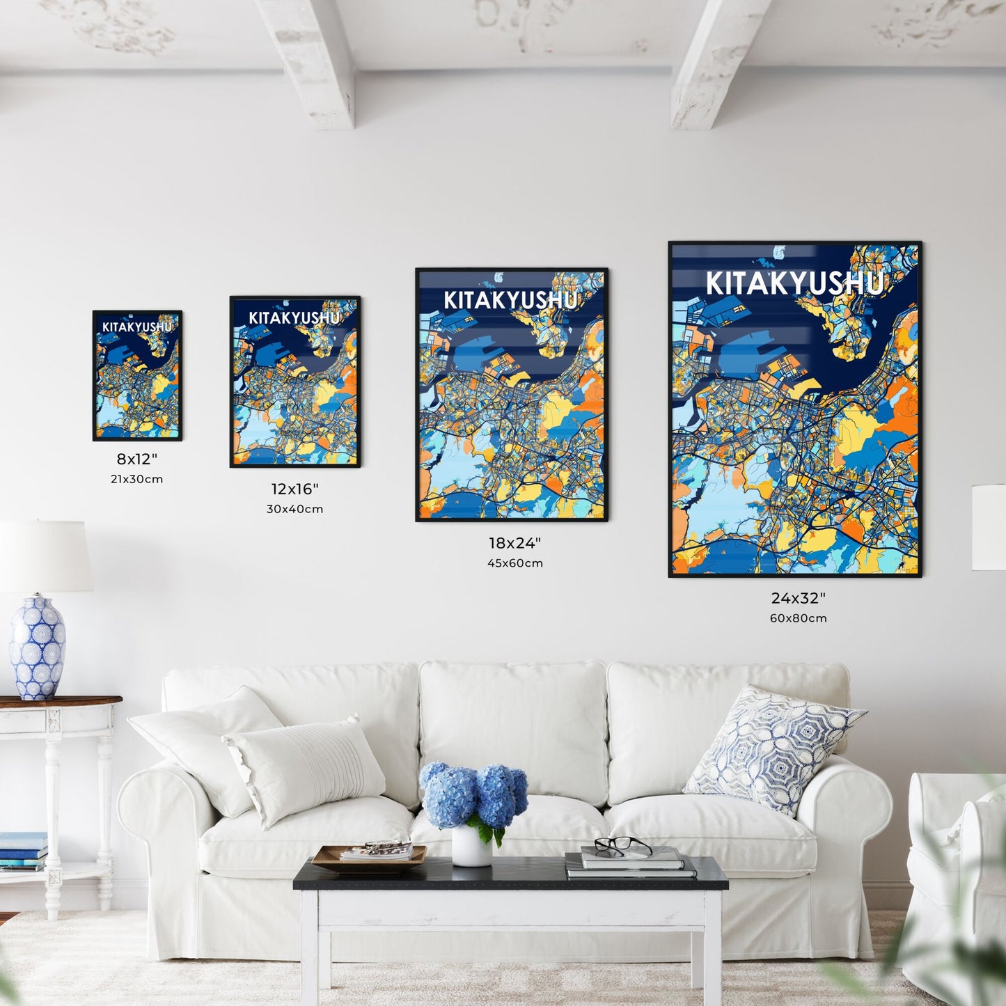 KITAKYUSHU JAPAN Vibrant Colorful Art Map Poster Blue Orange