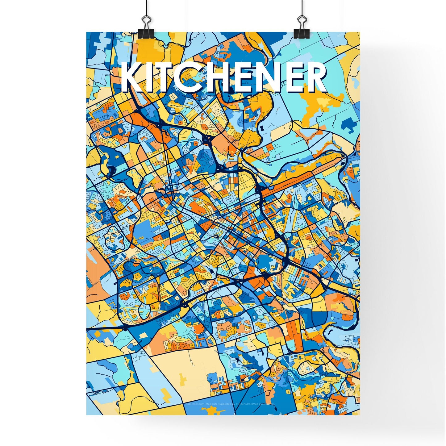 KITCHENER CANADA Vibrant Colorful Art Map Poster Blue Orange