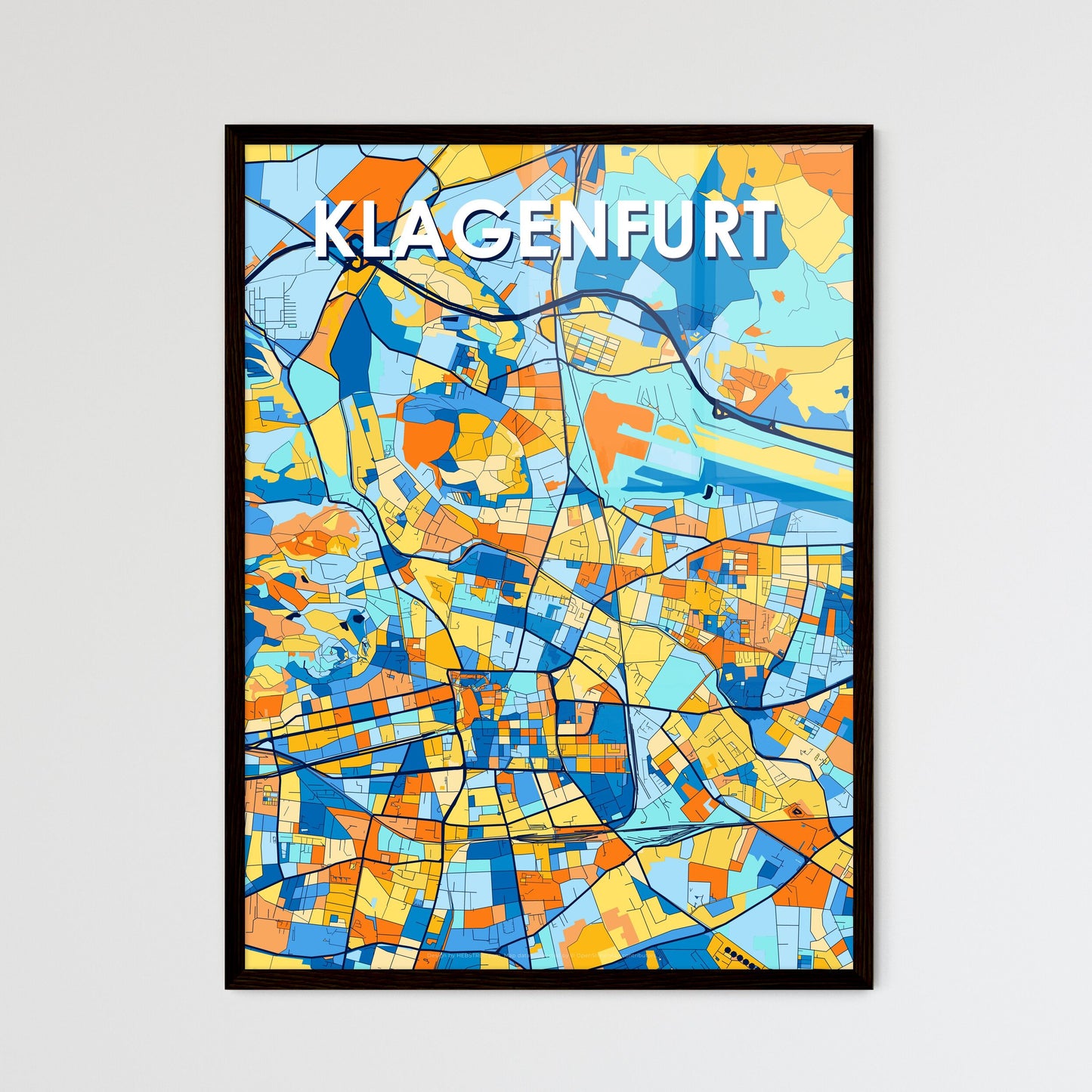 KLAGENFURT AUSTRIA Vibrant Colorful Art Map Poster Blue Orange