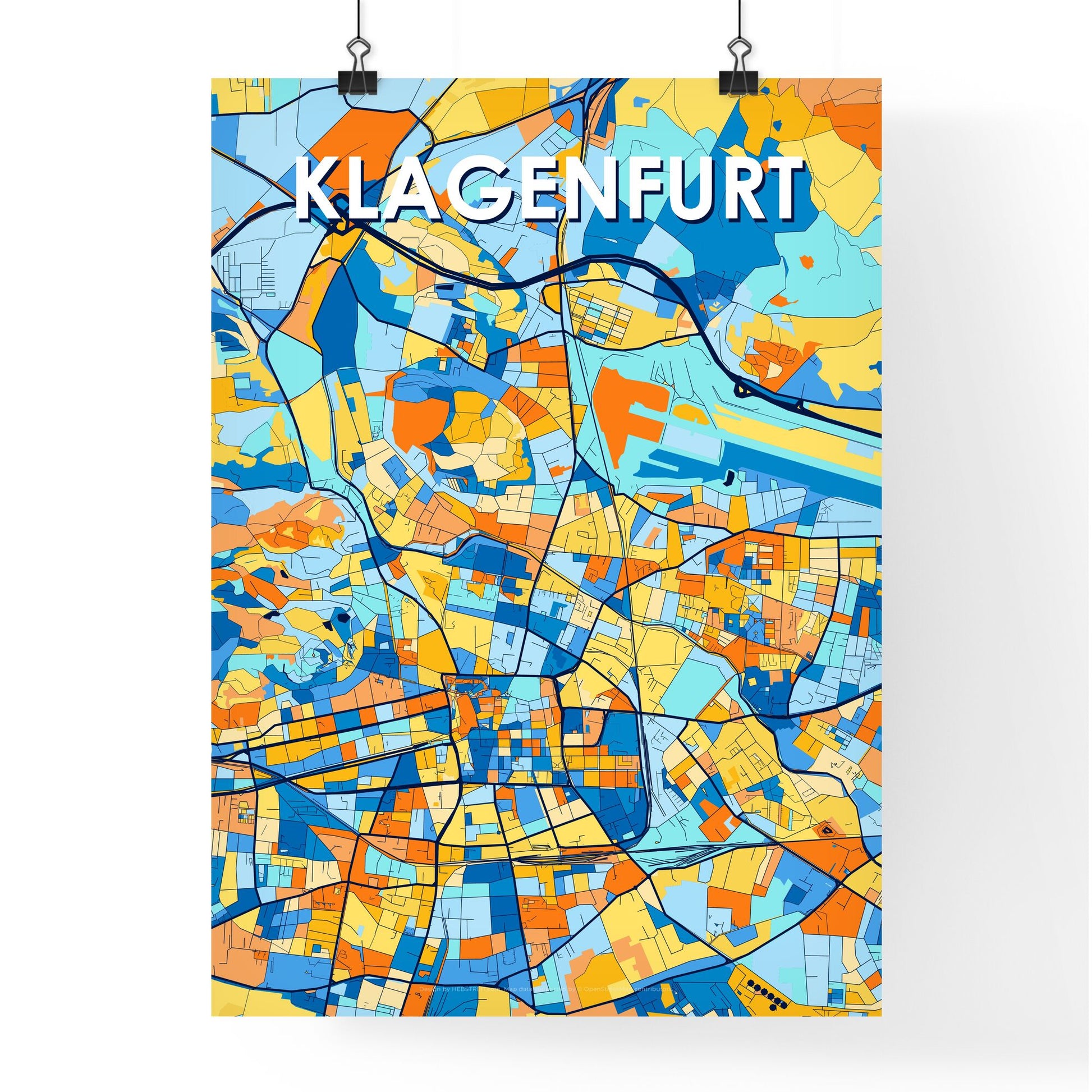 KLAGENFURT AUSTRIA Vibrant Colorful Art Map Poster Blue Orange