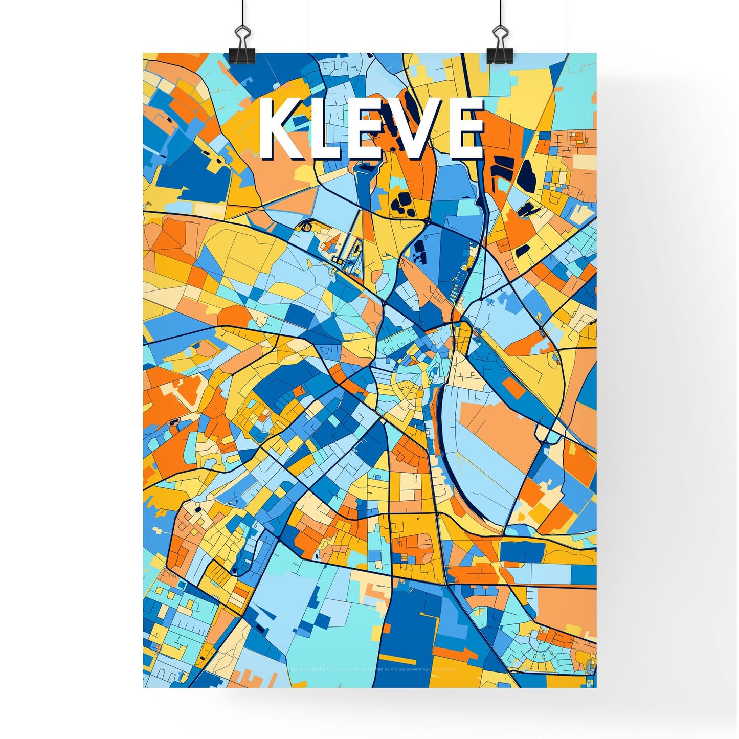 KLEVE GERMANY Vibrant Colorful Art Map Poster Blue Orange