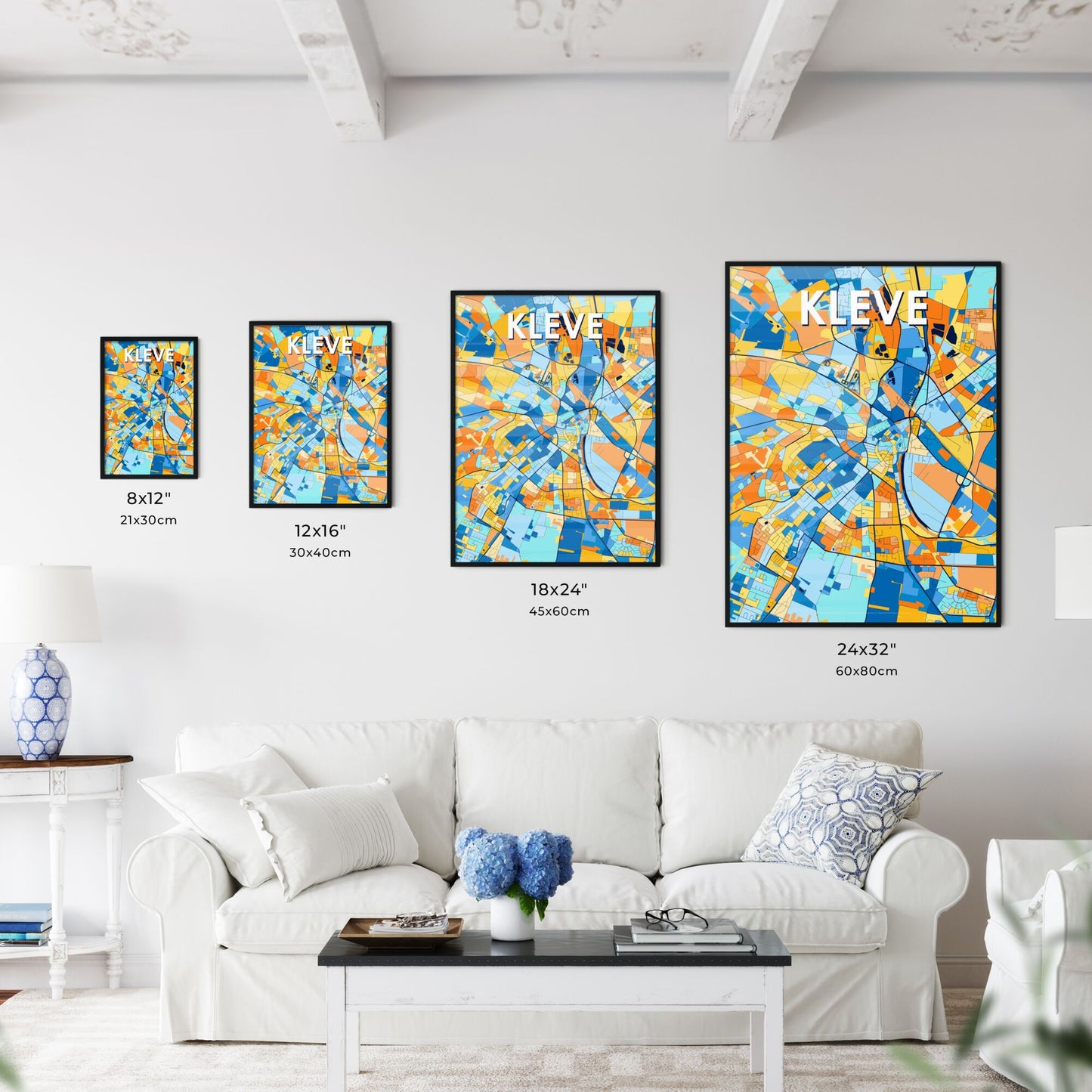 KLEVE GERMANY Vibrant Colorful Art Map Poster Blue Orange