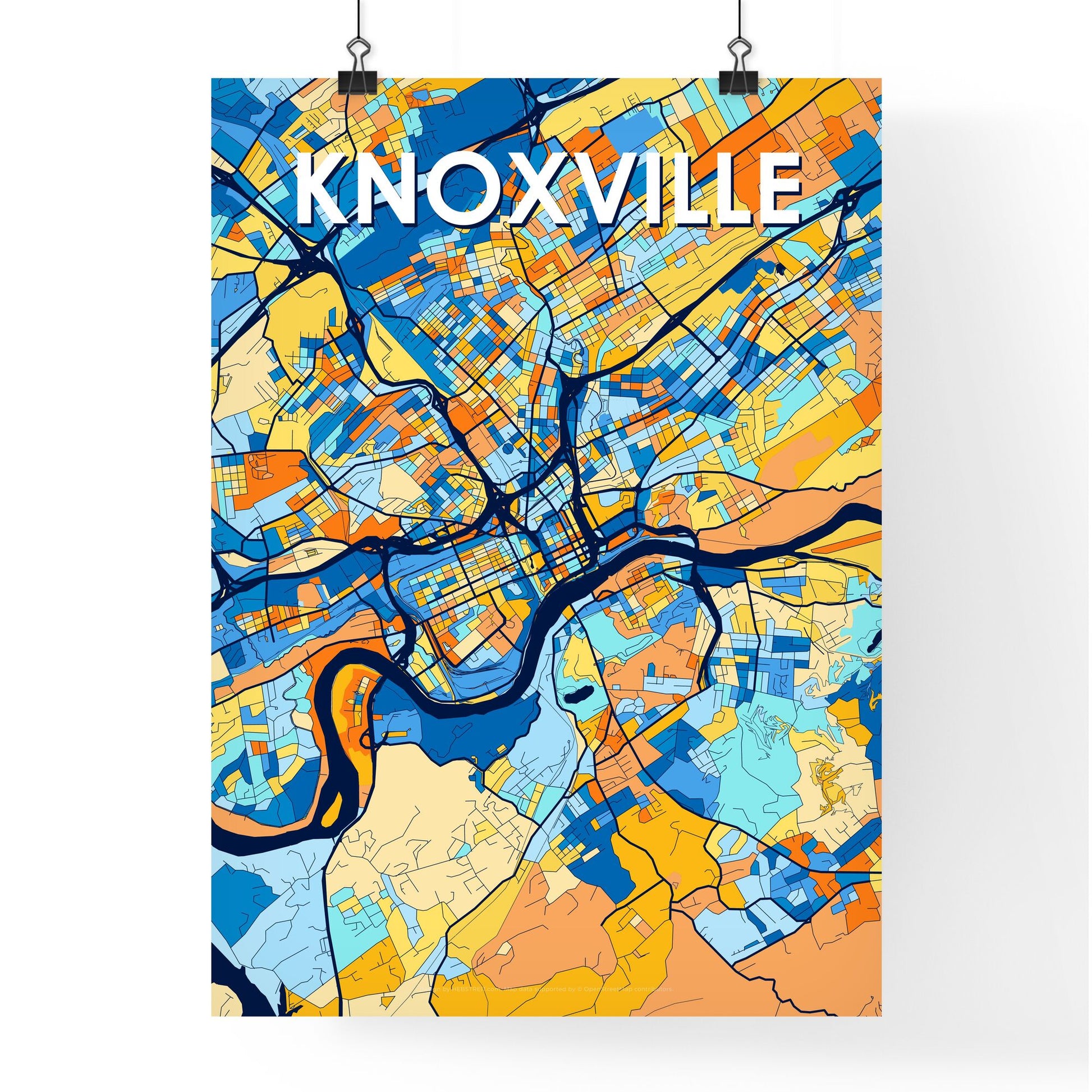 KNOXVILLE TENNESSEE Vibrant Colorful Art Map Poster Blue Orange