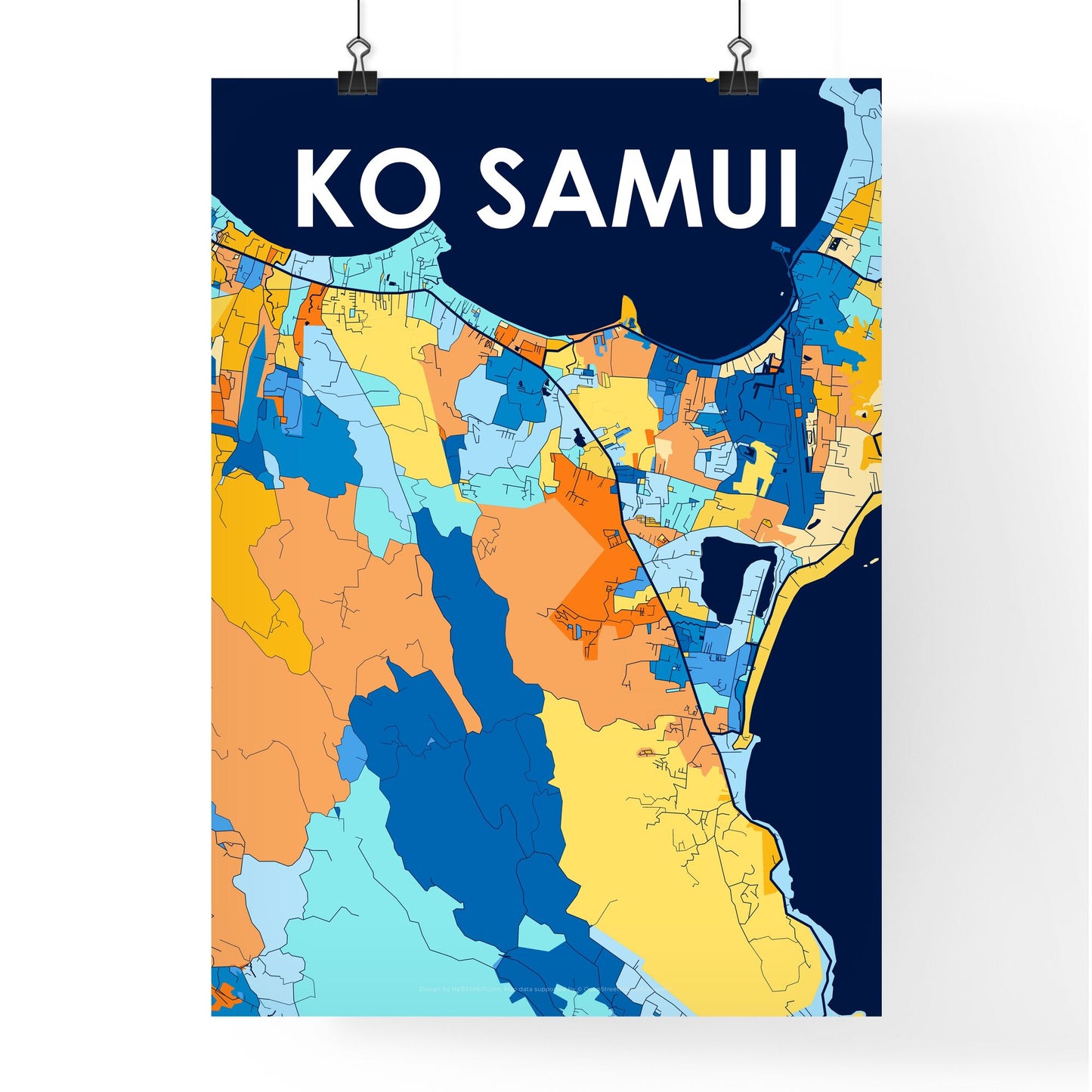 KO SAMUI THAILAND Vibrant Colorful Art Map Poster Blue Orange