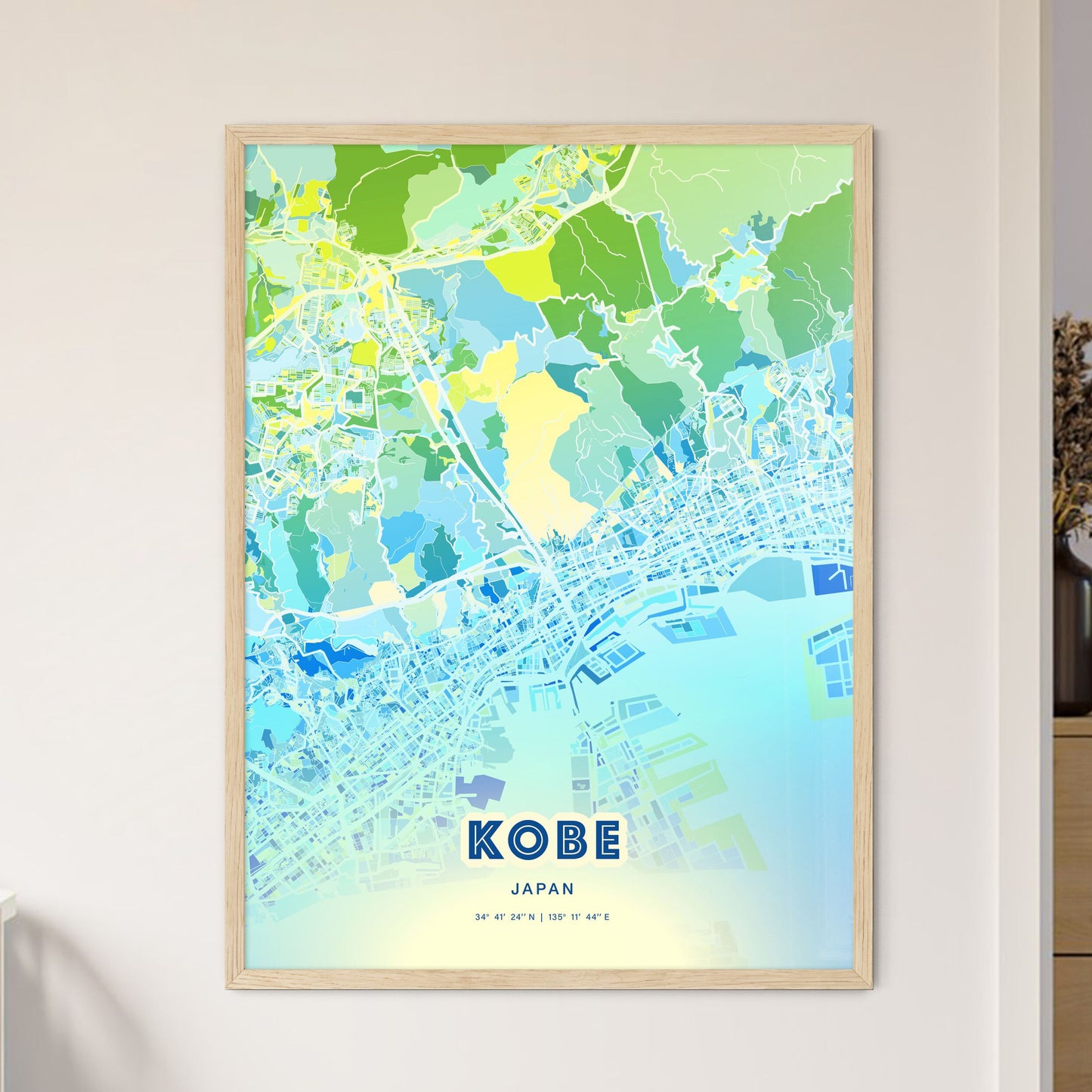 Colorful Kobe Japan Fine Art Map Cool Blue