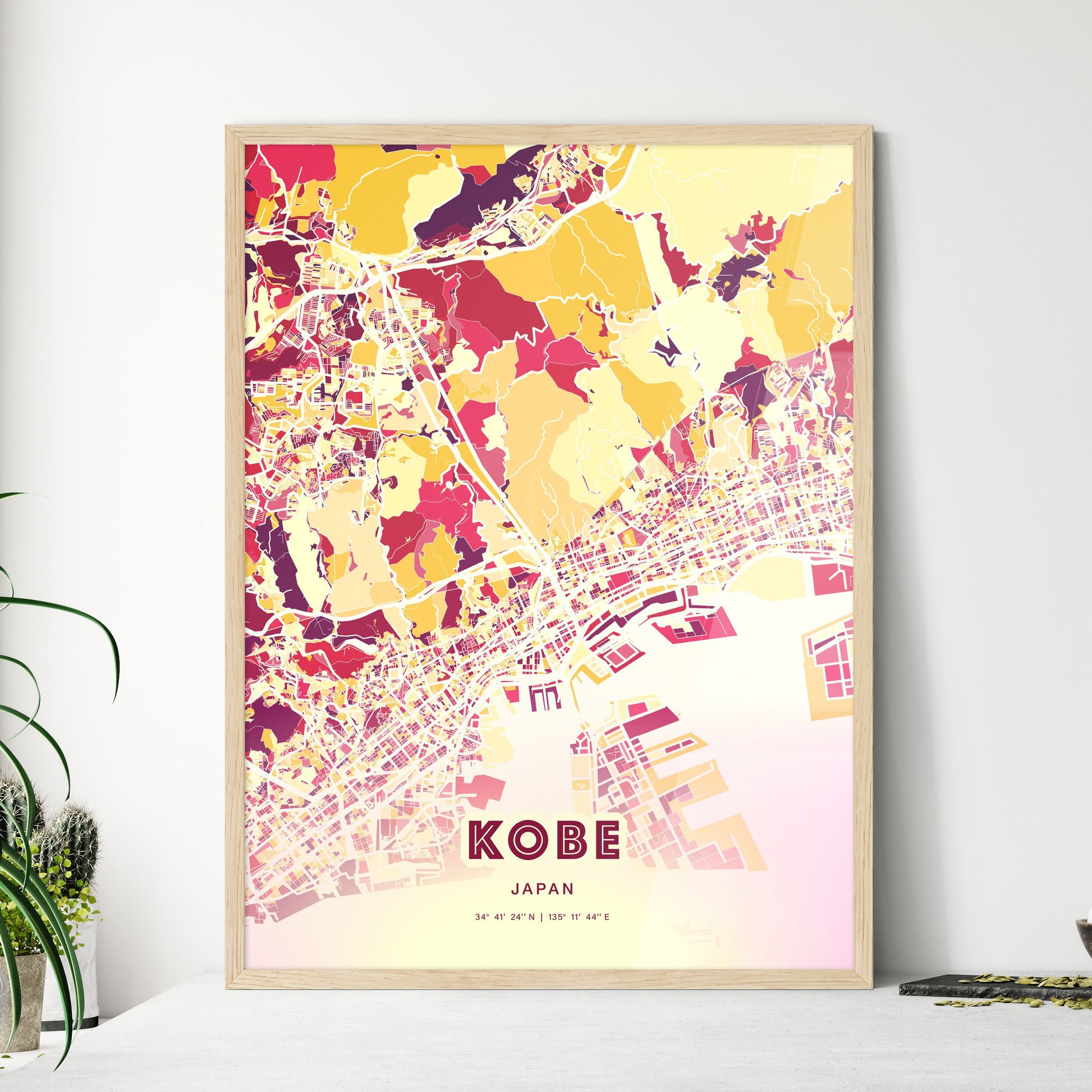 Colorful Kobe Japan Fine Art Map Hot Red