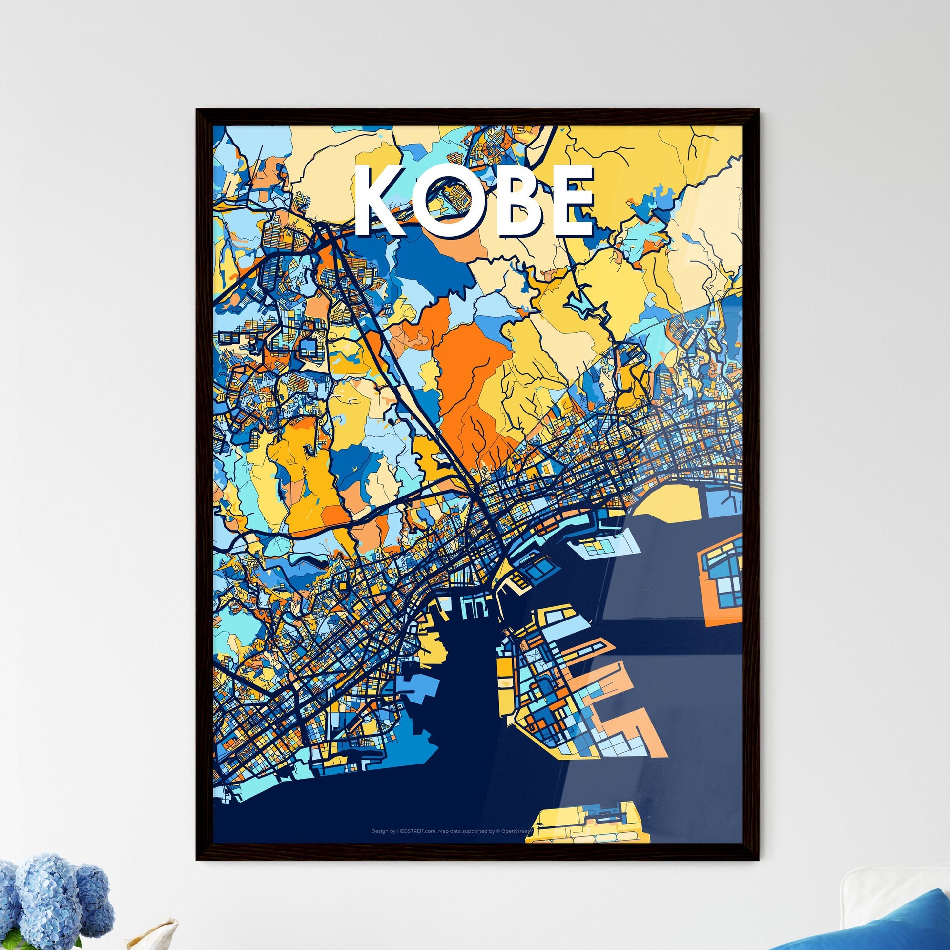 KOBE JAPAN Vibrant Colorful Art Map Poster Blue Orange