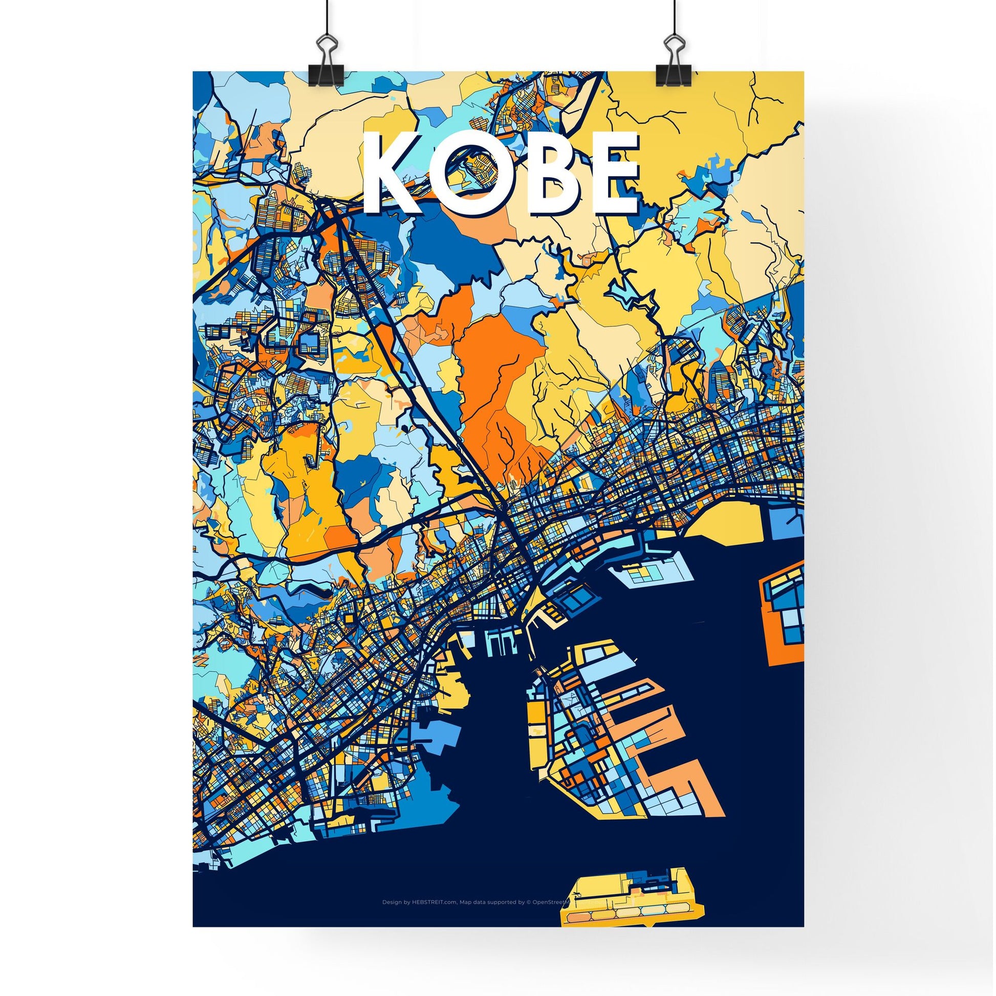 KOBE JAPAN Vibrant Colorful Art Map Poster Blue Orange