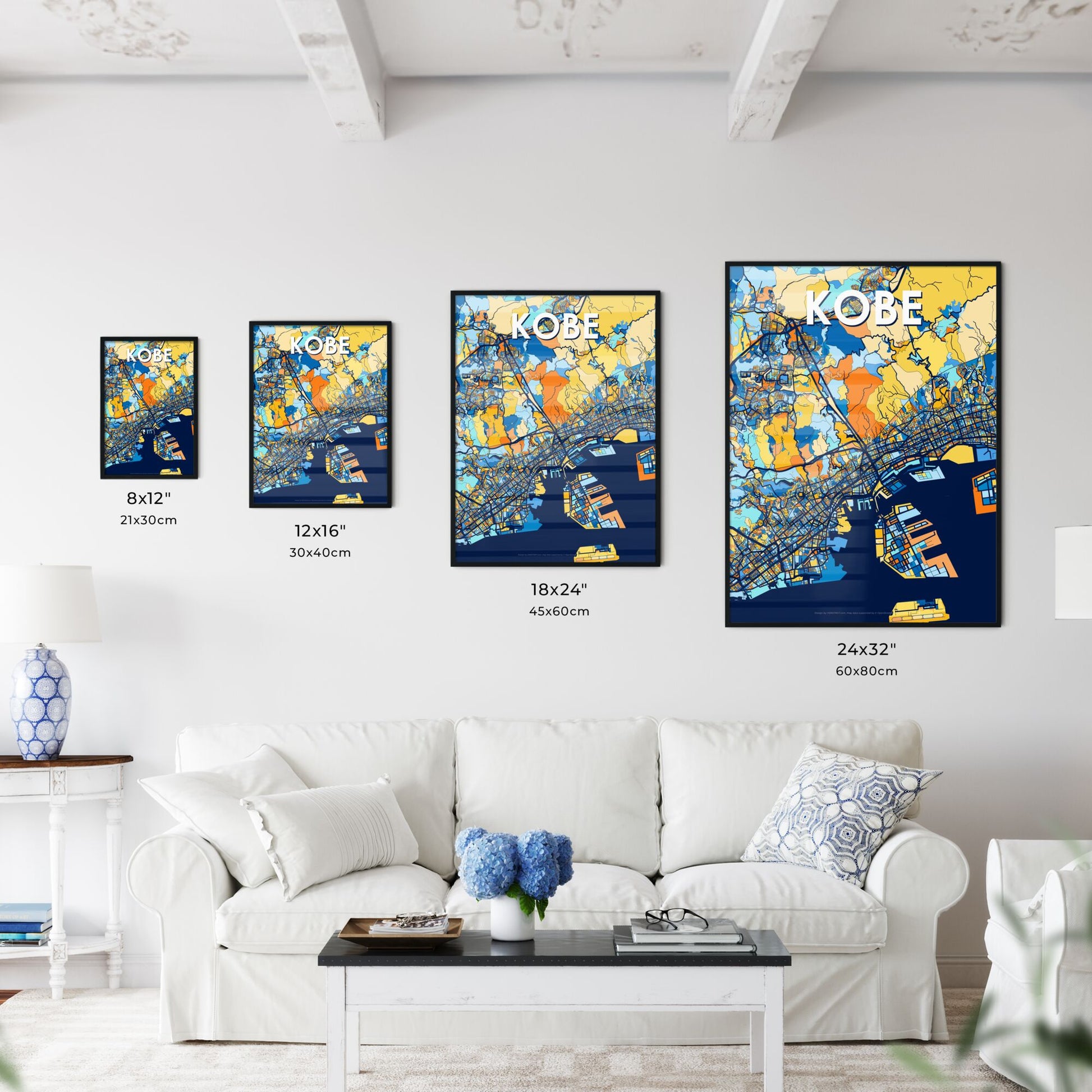 KOBE JAPAN Vibrant Colorful Art Map Poster Blue Orange