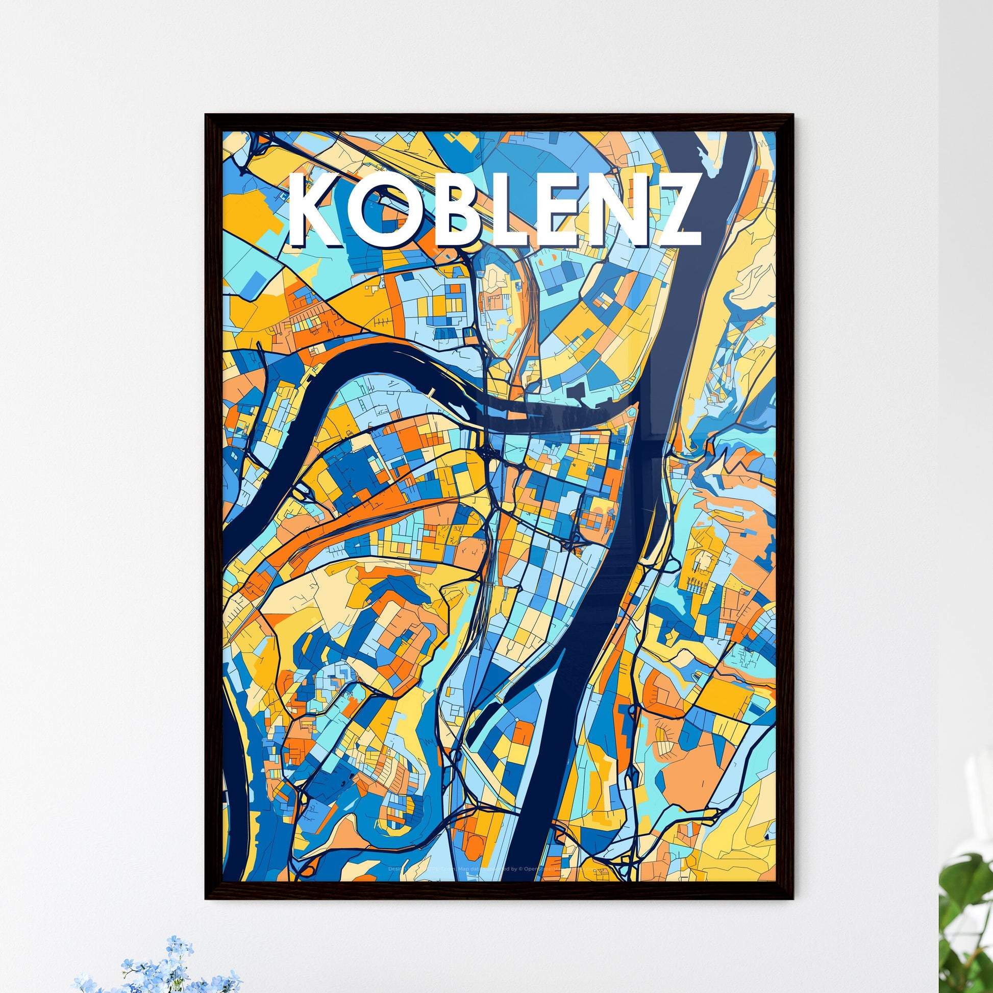 KOBLENZ GERMANY Vibrant Colorful Art Map Poster Blue Orange