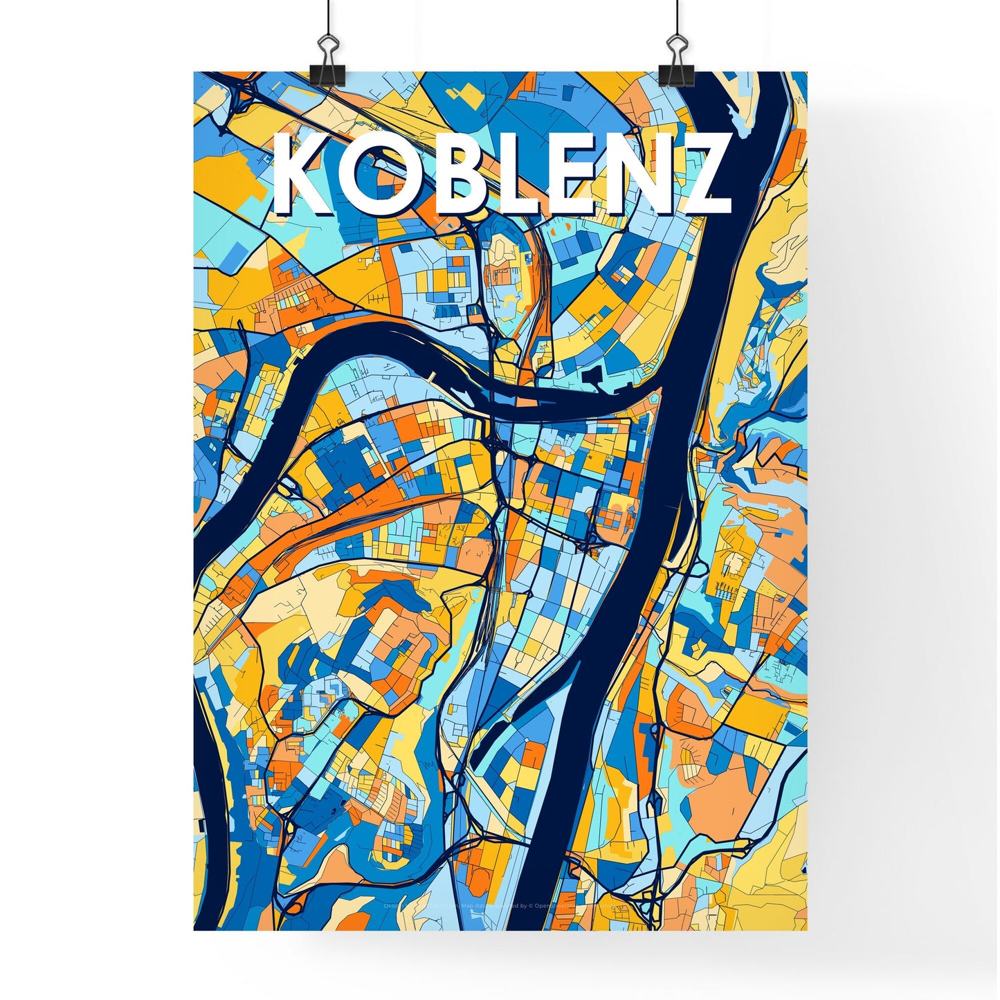 KOBLENZ GERMANY Vibrant Colorful Art Map Poster Blue Orange