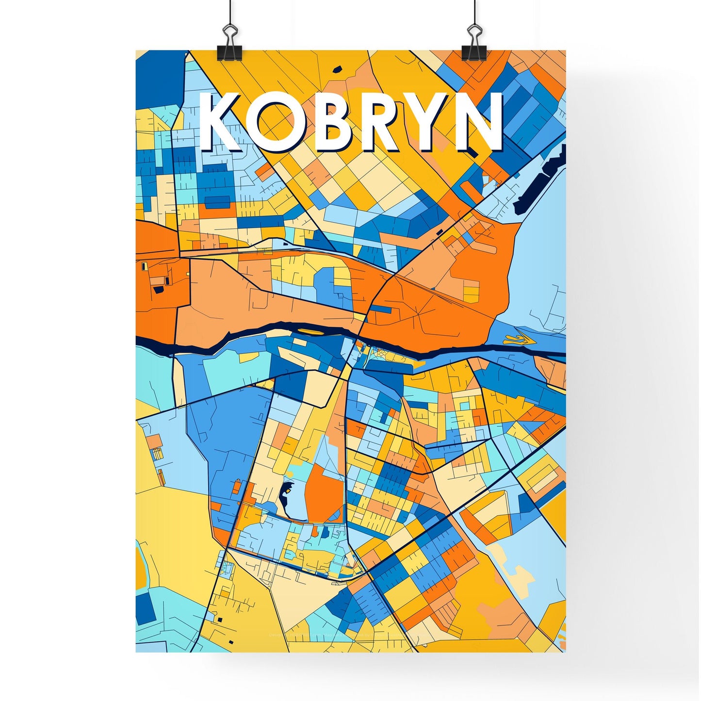 KOBRYN BELARUS Vibrant Colorful Art Map Poster Blue Orange