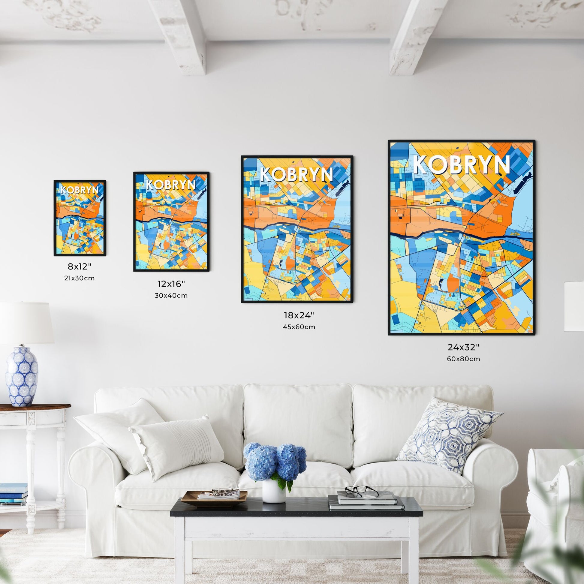 KOBRYN BELARUS Vibrant Colorful Art Map Poster Blue Orange