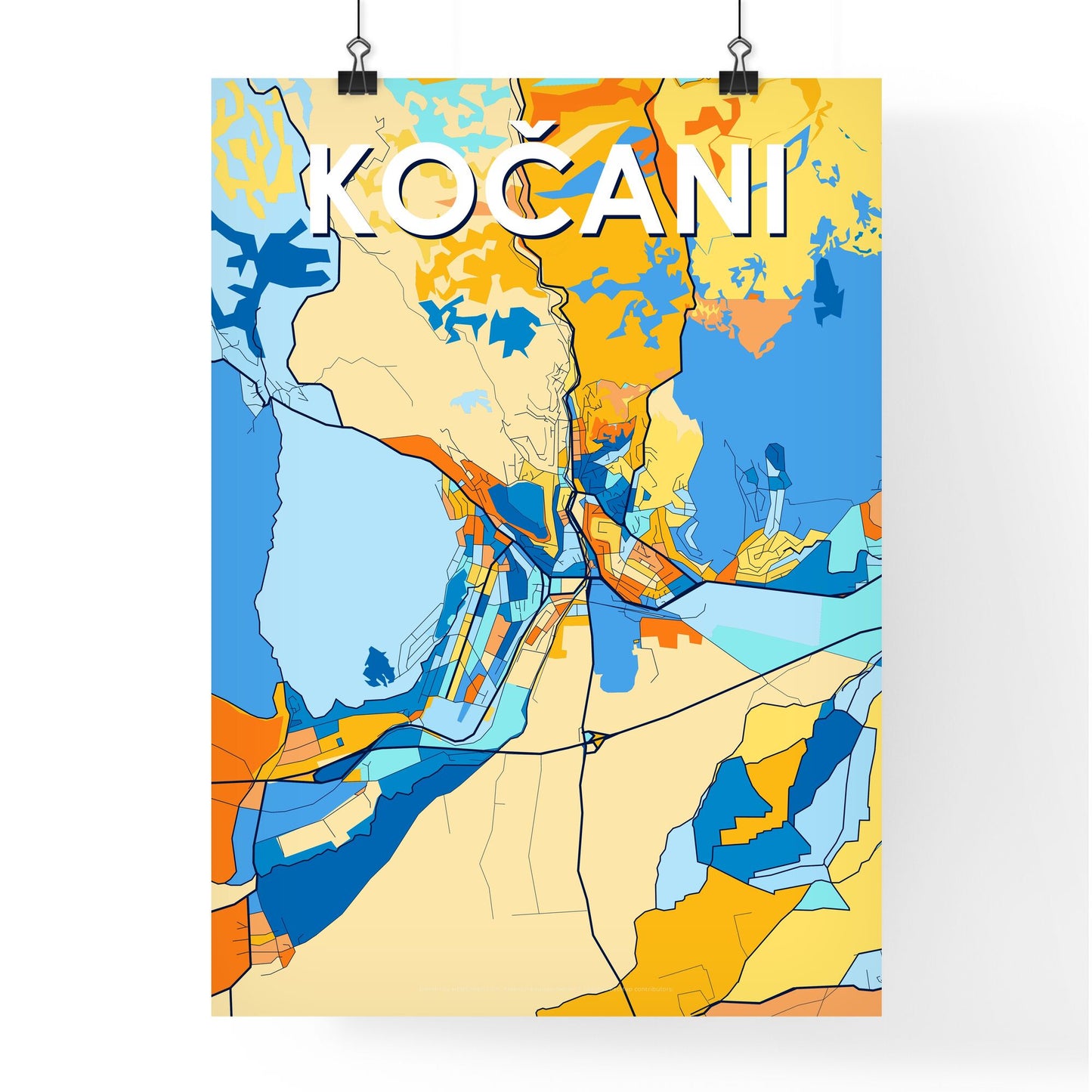 KOČANI NORTH MACEDONIA Vibrant Colorful Art Map Poster Blue Orange