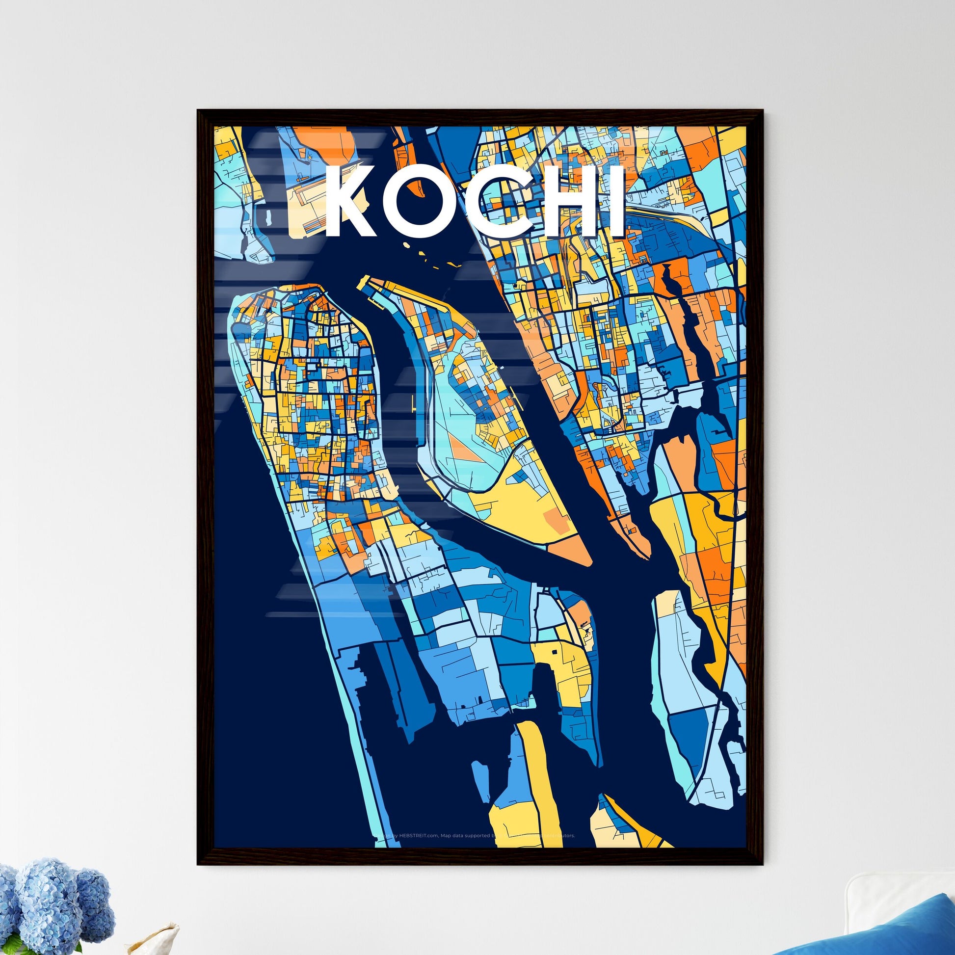 KOCHI INDIA Vibrant Colorful Art Map Poster Blue Orange