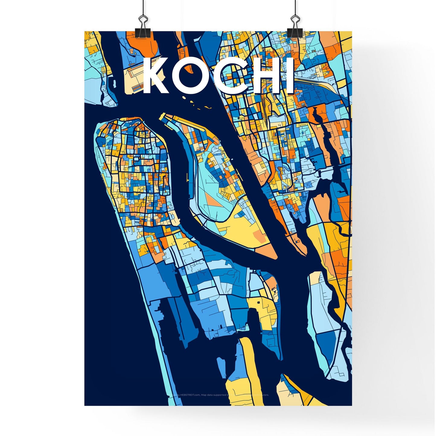 KOCHI INDIA Vibrant Colorful Art Map Poster Blue Orange