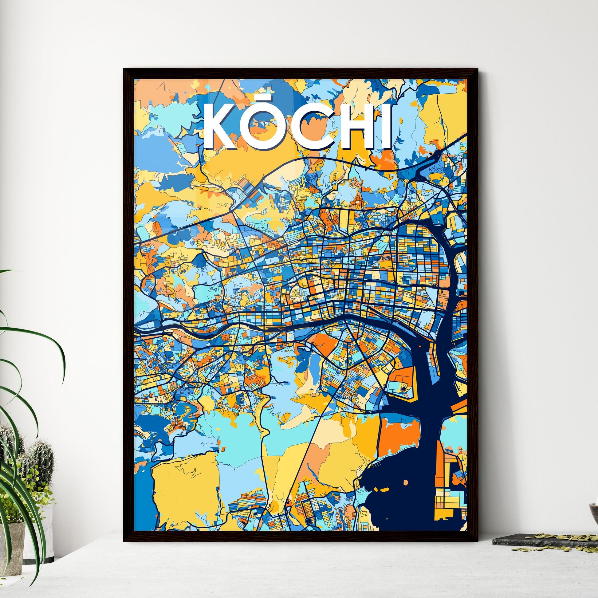 KŌCHI JAPAN Vibrant Colorful Art Map Poster Blue Orange